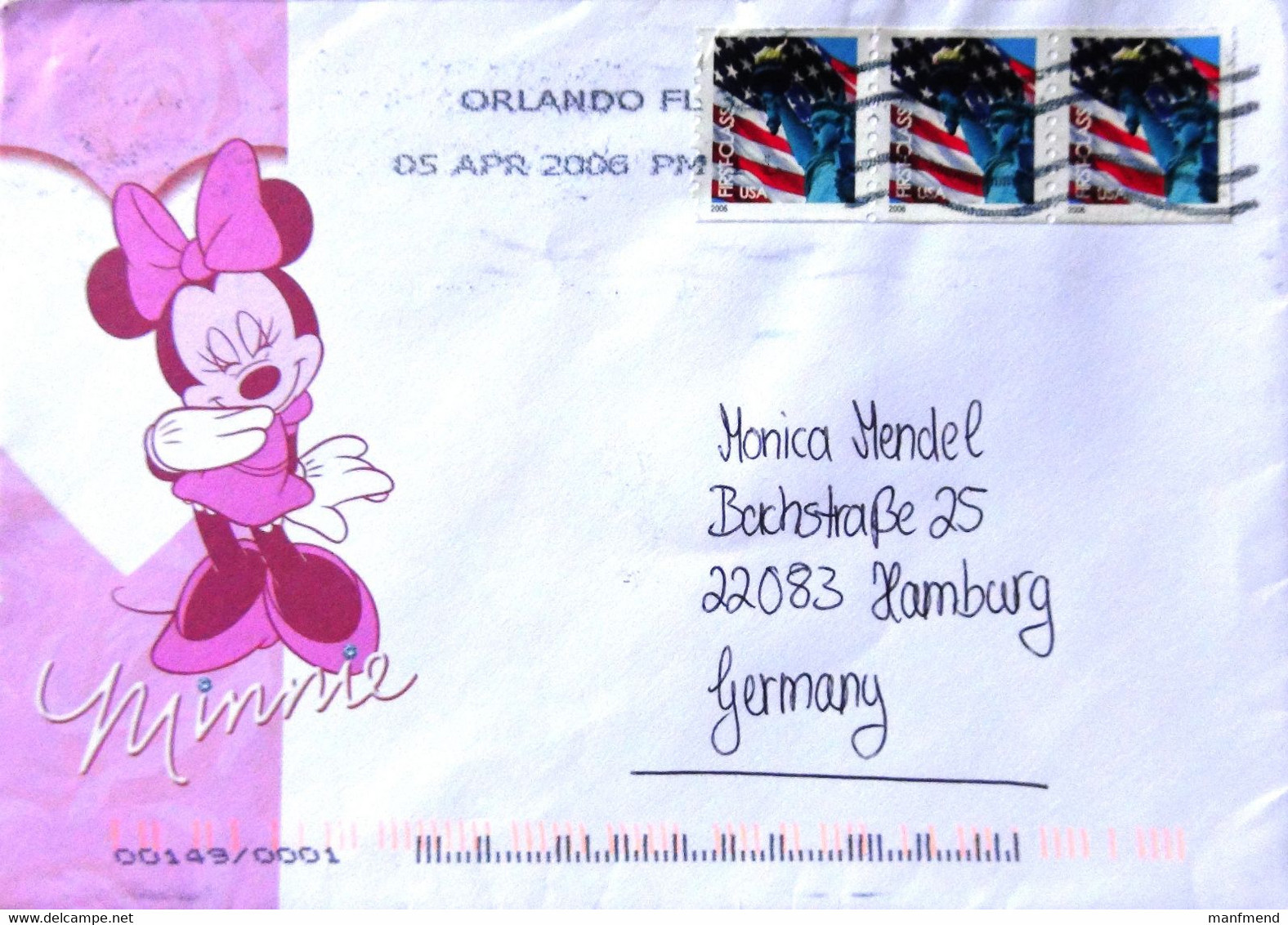 USA - 2005 - 1st Class (3x) - Liberty & Flag - On Envelope From Disney/Minnie - Cartas & Documentos