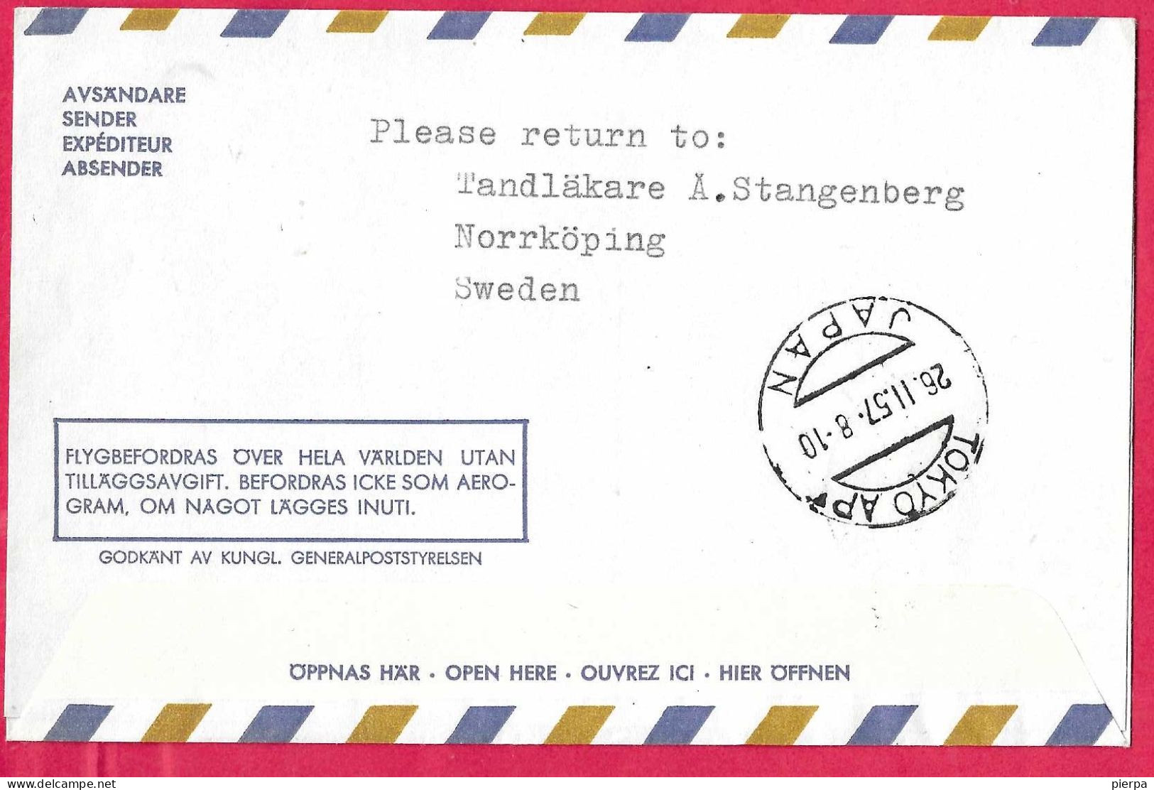 SVERIGE - FIRST NORTH POLE FLIGHT SAS FROM STOCKHOLM TO TOKYO *24.2.1957* ON AEROGRAM - Briefe U. Dokumente