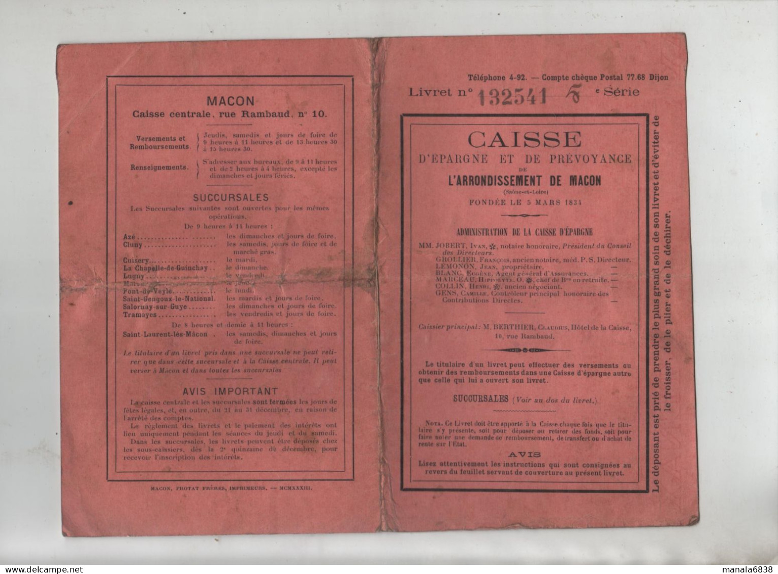 Caisse D'Epargne Et De Prévoyance Arrondissement De Macon Gaillard Claude Joseph 1934 à 1936 - Non Classés