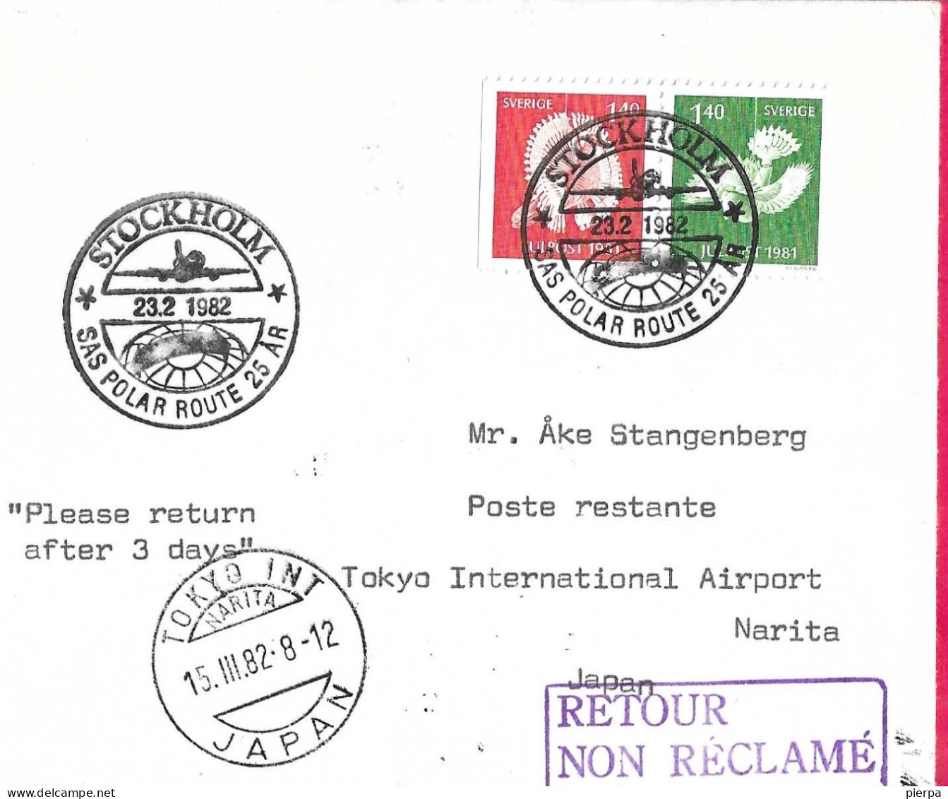 SVERIGE - SAS POLAR ROUTE 25 AR - FROM STOCKHOLM TO TOKYO * 23.2.1982* ON COVER - Storia Postale