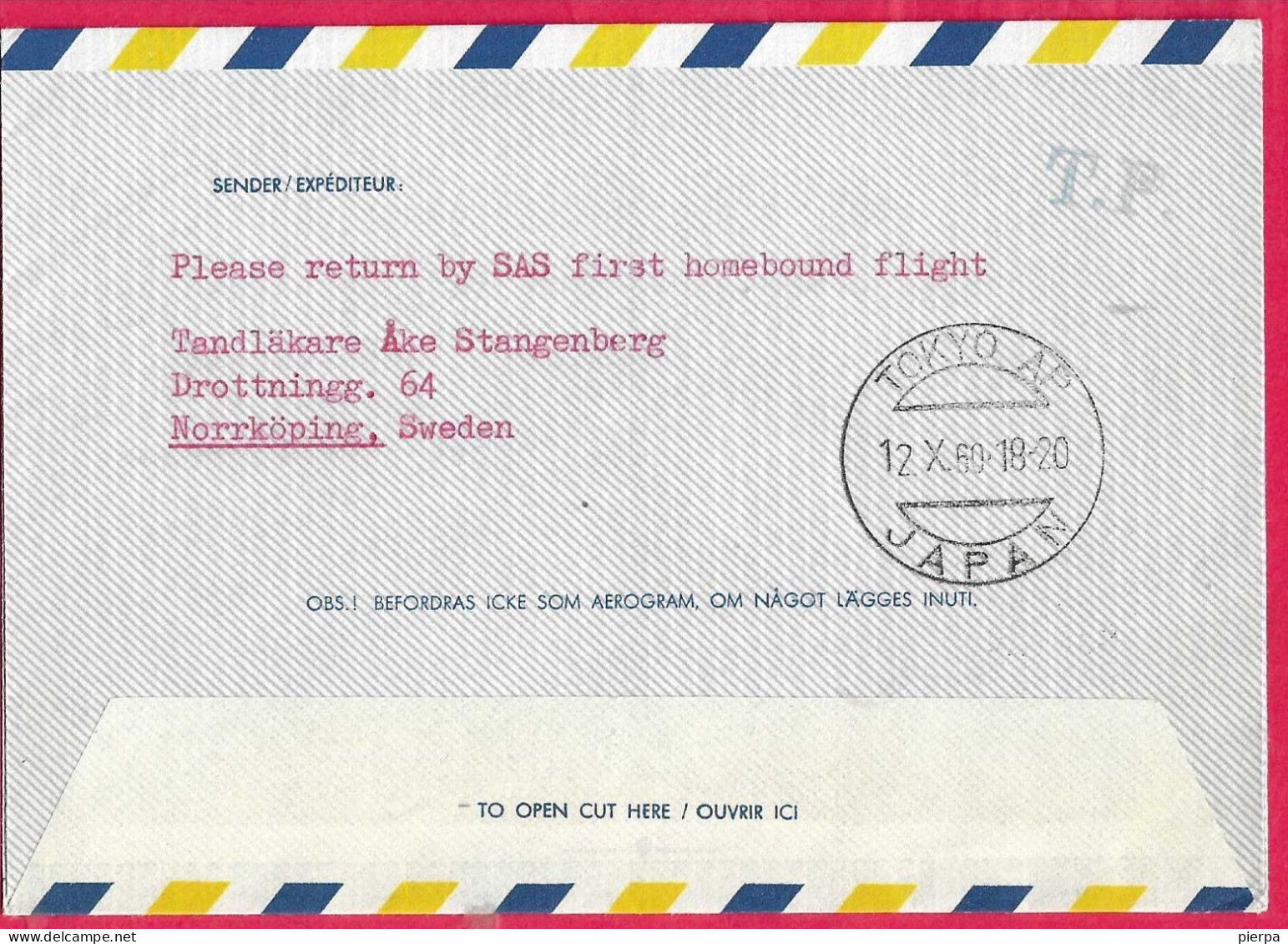 SVERIGE - FIRST REGULAR POLAR FLIGHT SAS  FROM STOCKHOLM TO TOKYO * 11.10.1960* ON AEROGRAM - Lettres & Documents