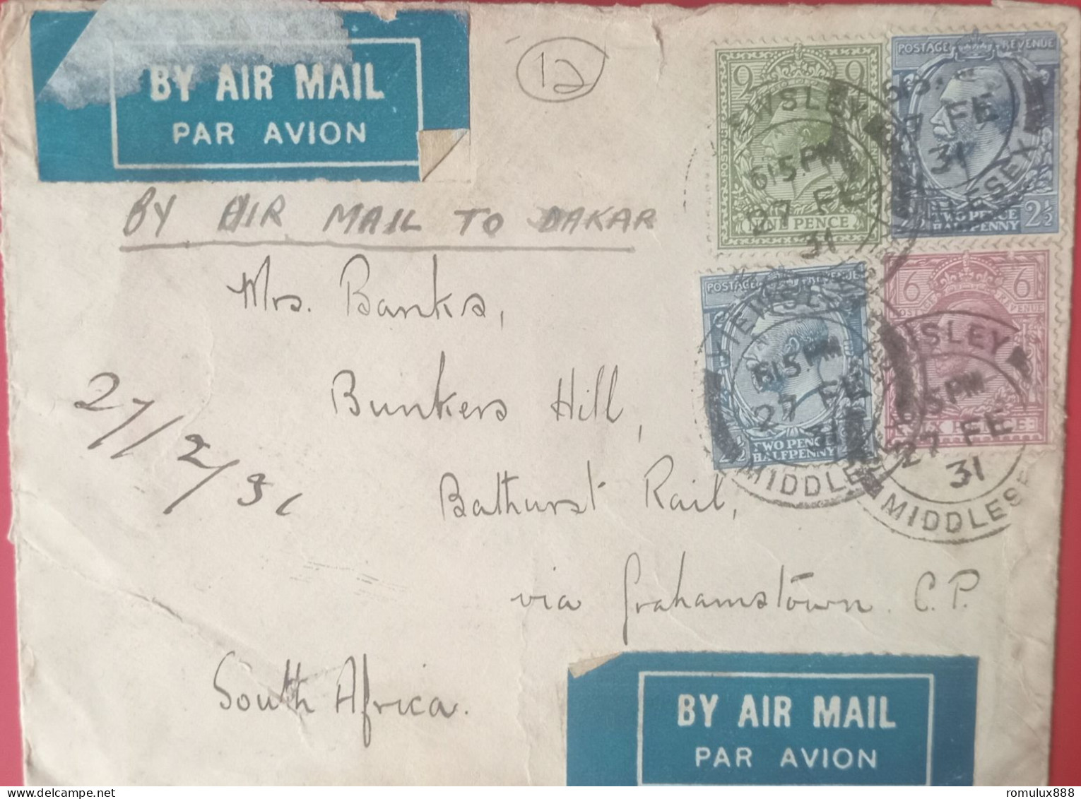 FIRST FLIGHT ENGLAND,MIDDLESEX-VIA CAPETOWN-MWANZA DATED 27/2/1931-SCARCE - Poste Aérienne