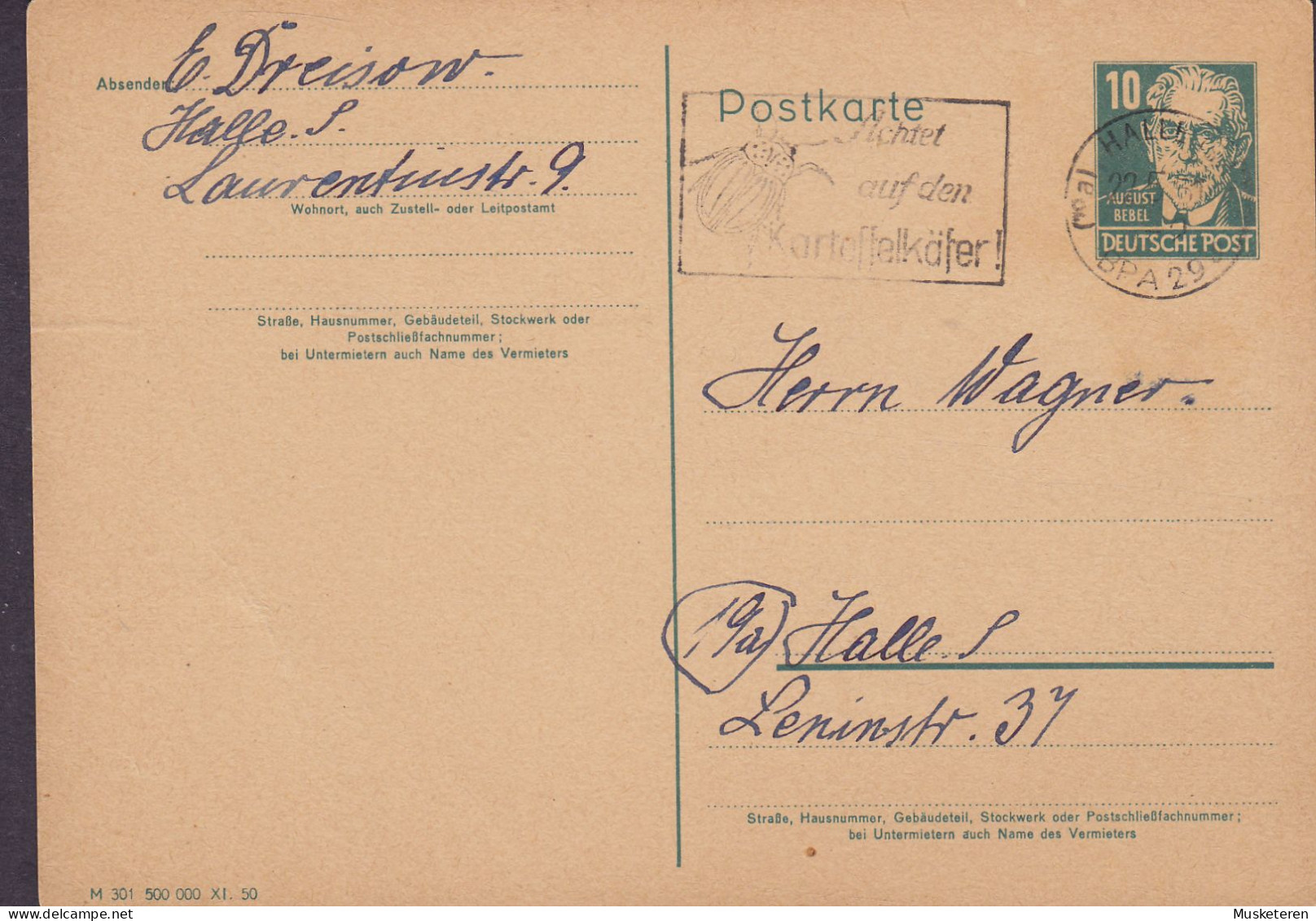 Germany DDR Postal Stationery Ganzsache August Bebel (M 301 500 000 XI. 50) Slogan 'Kartoffelkäfer' HALLE Saale 1951 - Postales - Usados