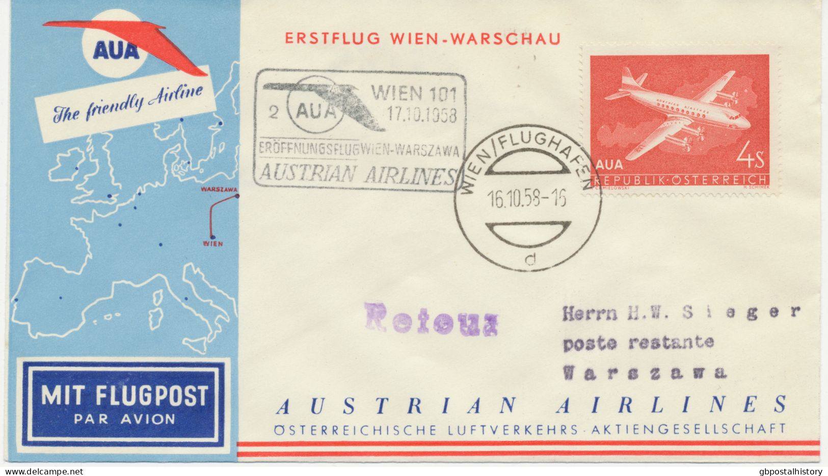 ÖSTERREICH 17.10.1958, AUA Erstflug „WIEN – WARSCHAU“ - First Flight Covers