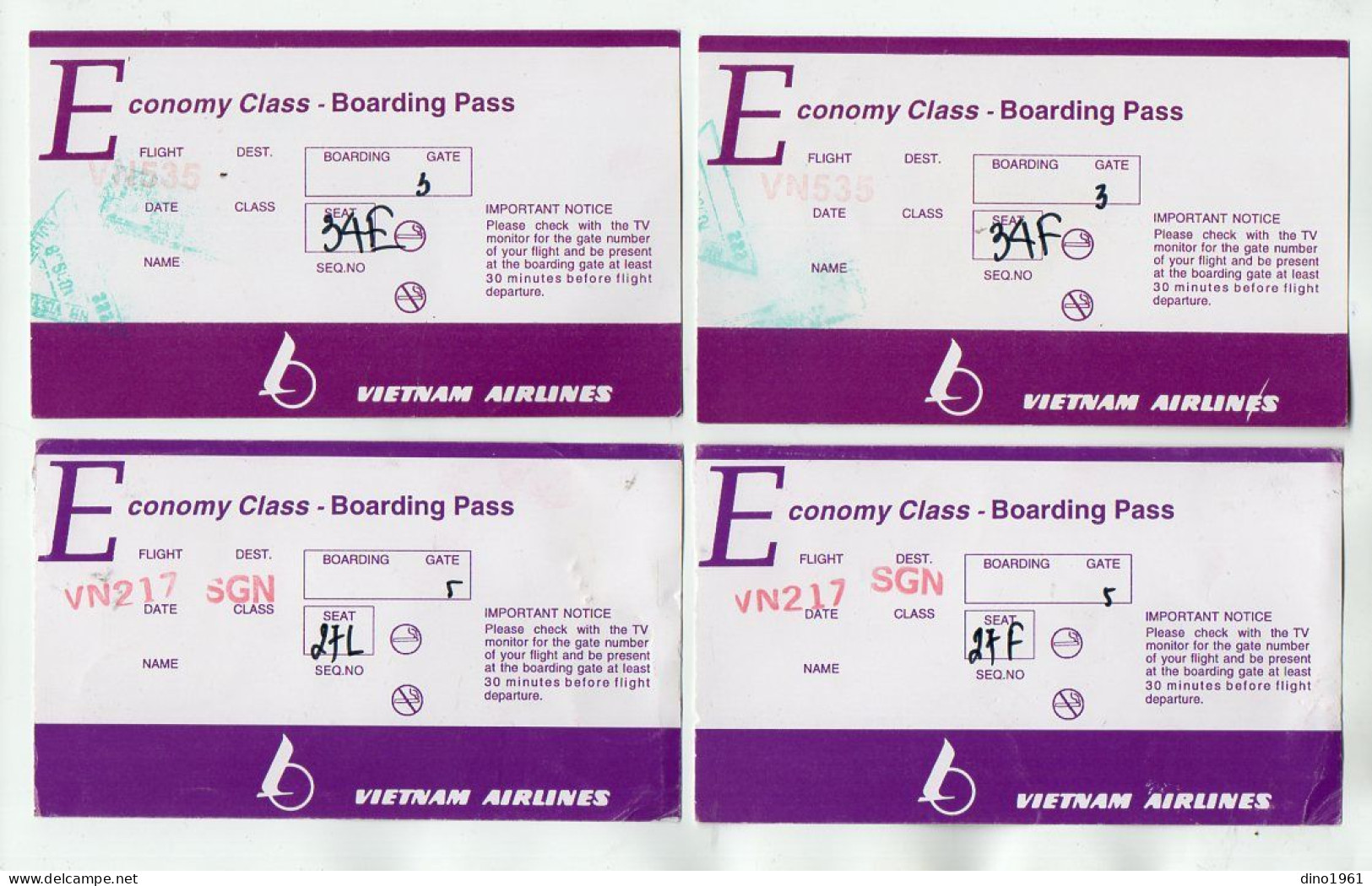 VP22.391 - VIETNAM AIRLINES - Boarding Pass - Billet / Carte D'embarquement D'avion X 5 - Mundo
