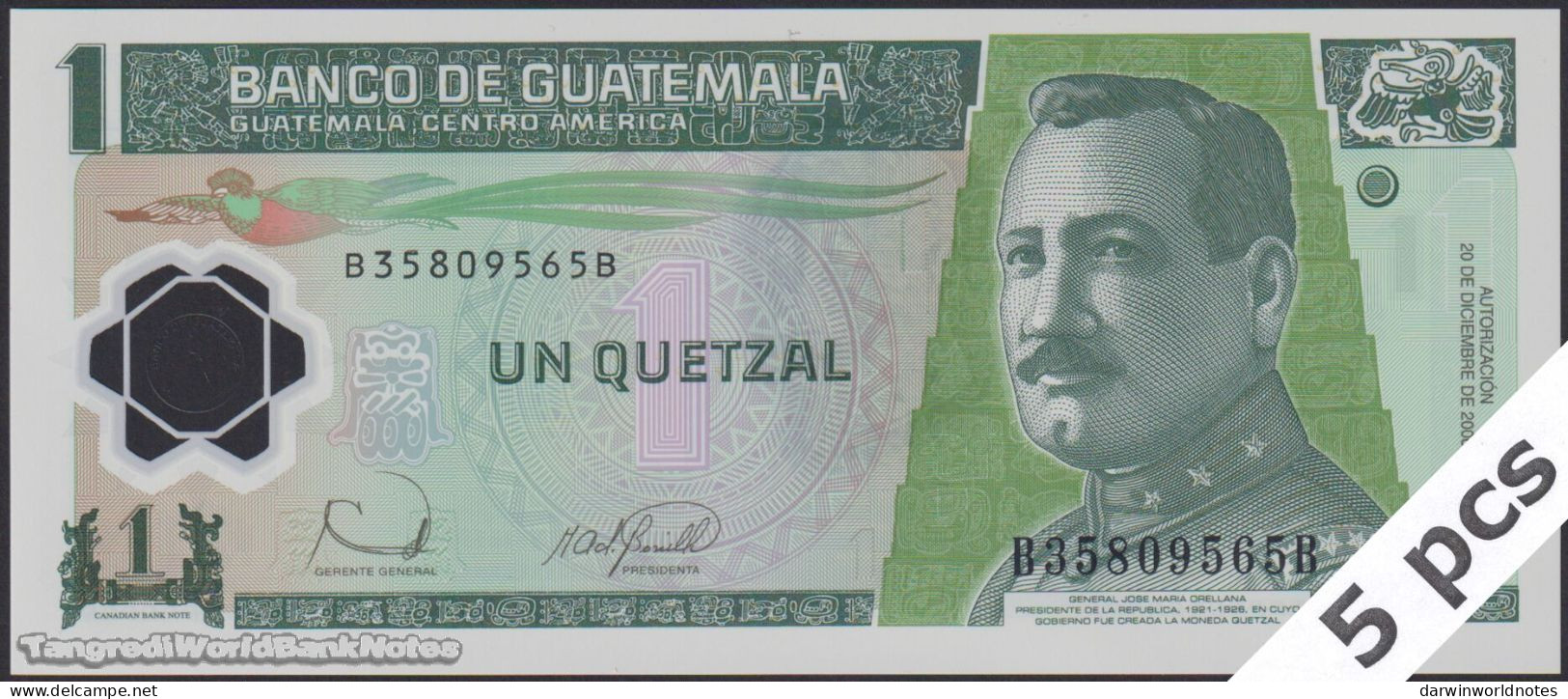 DWN - GUATEMALA P.109 - 1 Quetzal 2006 UNC Polymer - Various Prefixes - DEALERS LOT X 5 - Guatemala