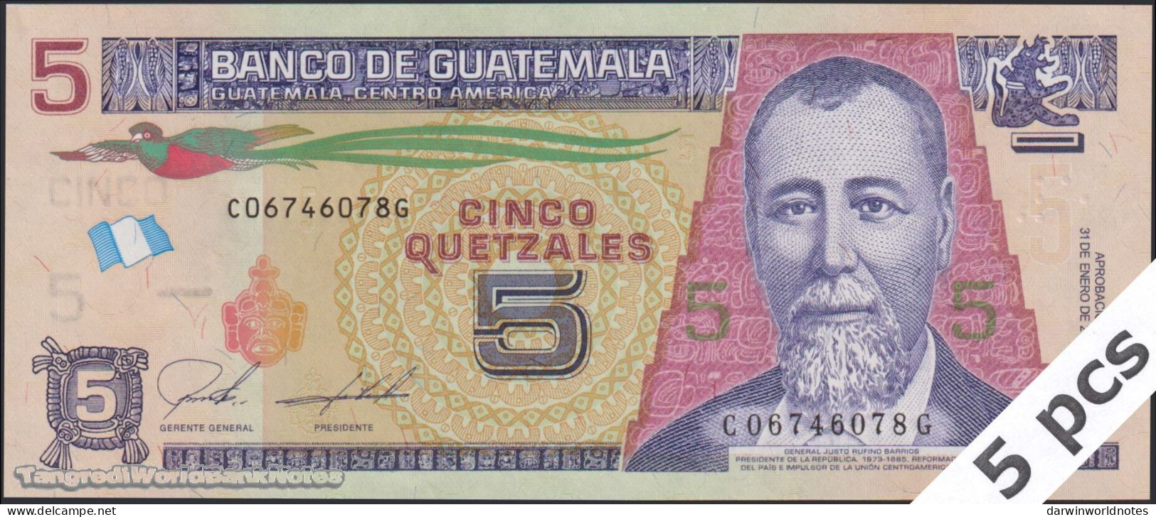 DWN - GUATEMALA P.122Ab - 5 Quetzales 2018 (2020) UNC - Various Prefixes - DEALERS LOT X 5 - Guatemala