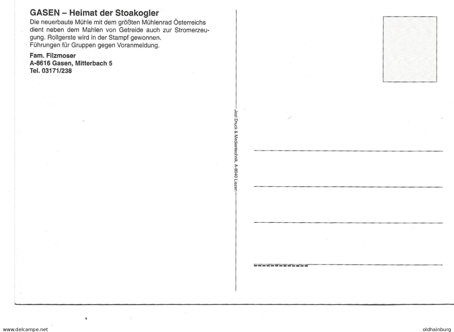 0412f: AK 8616 Gasen, Fam. Filzmoser, Schreinhofer Mühle, Ungelaufen (Knick Links Unten) - Weiz