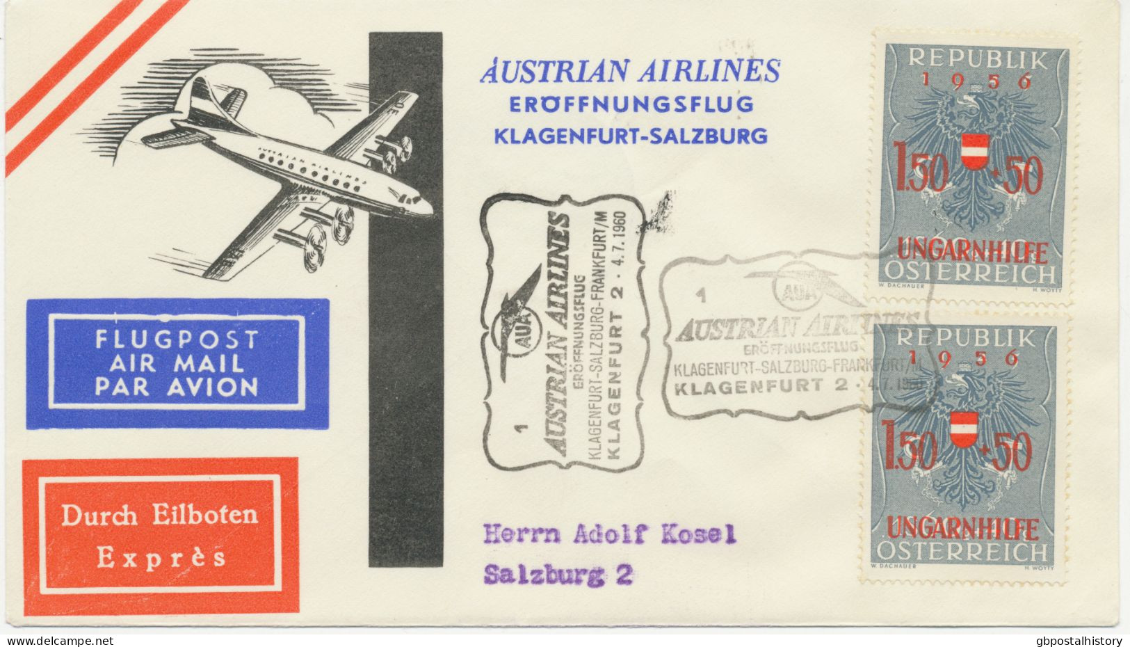 ÖSTERREICH 4.7.1960, AUA Erstflug „KLAGENFURT – SALZBURG“ - Zwischenetappe Des Fluges Klagenfurt - Salzburg - Frankfurt/ - First Flight Covers