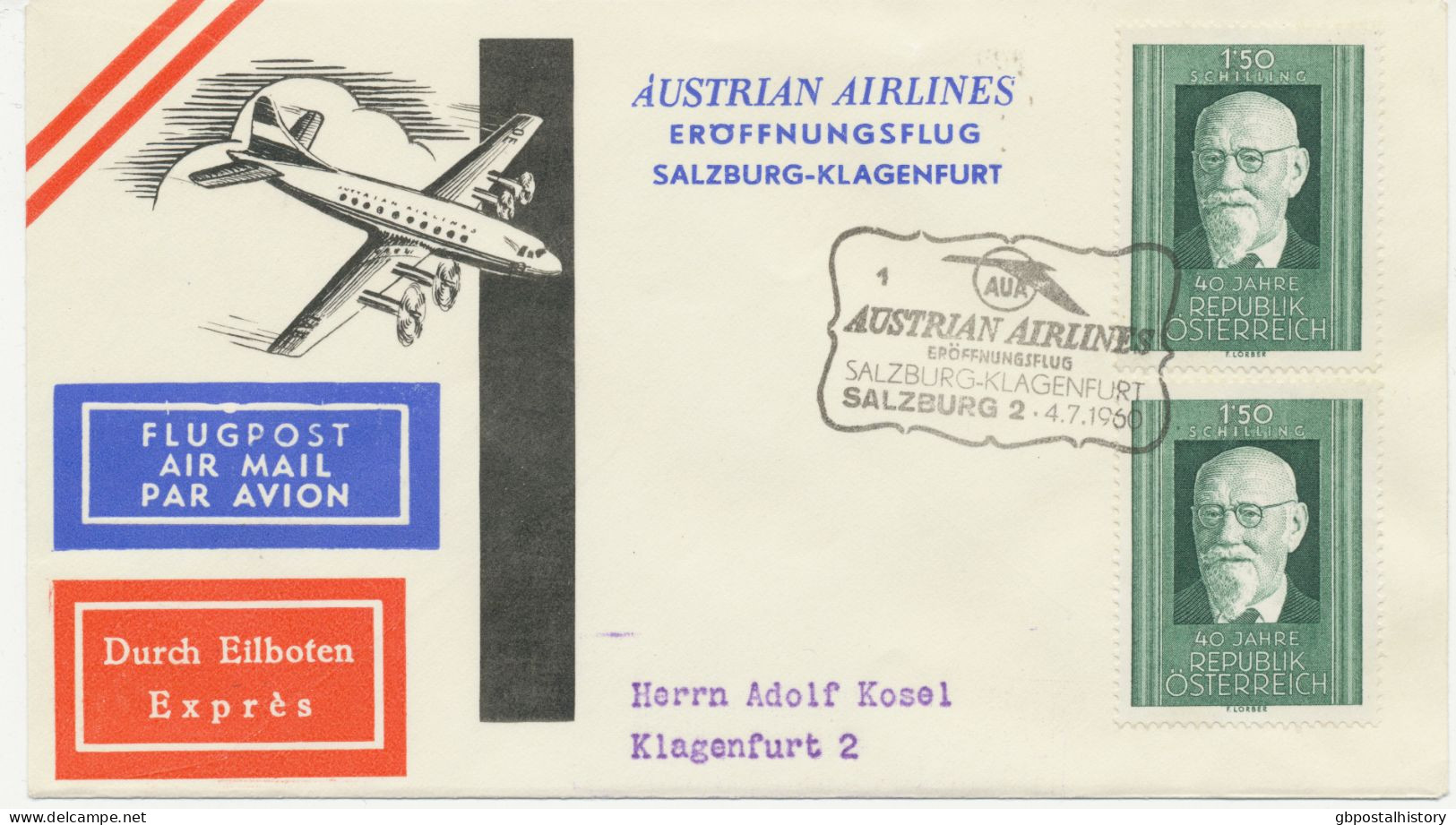 ÖSTERREICH 1960 AUA Erstflug „SALZBURG - KLAGENFURT“ - Zwischenetappe Des Fluges Frankfurt/M. – Salzburg – Klagenfurt - Premiers Vols