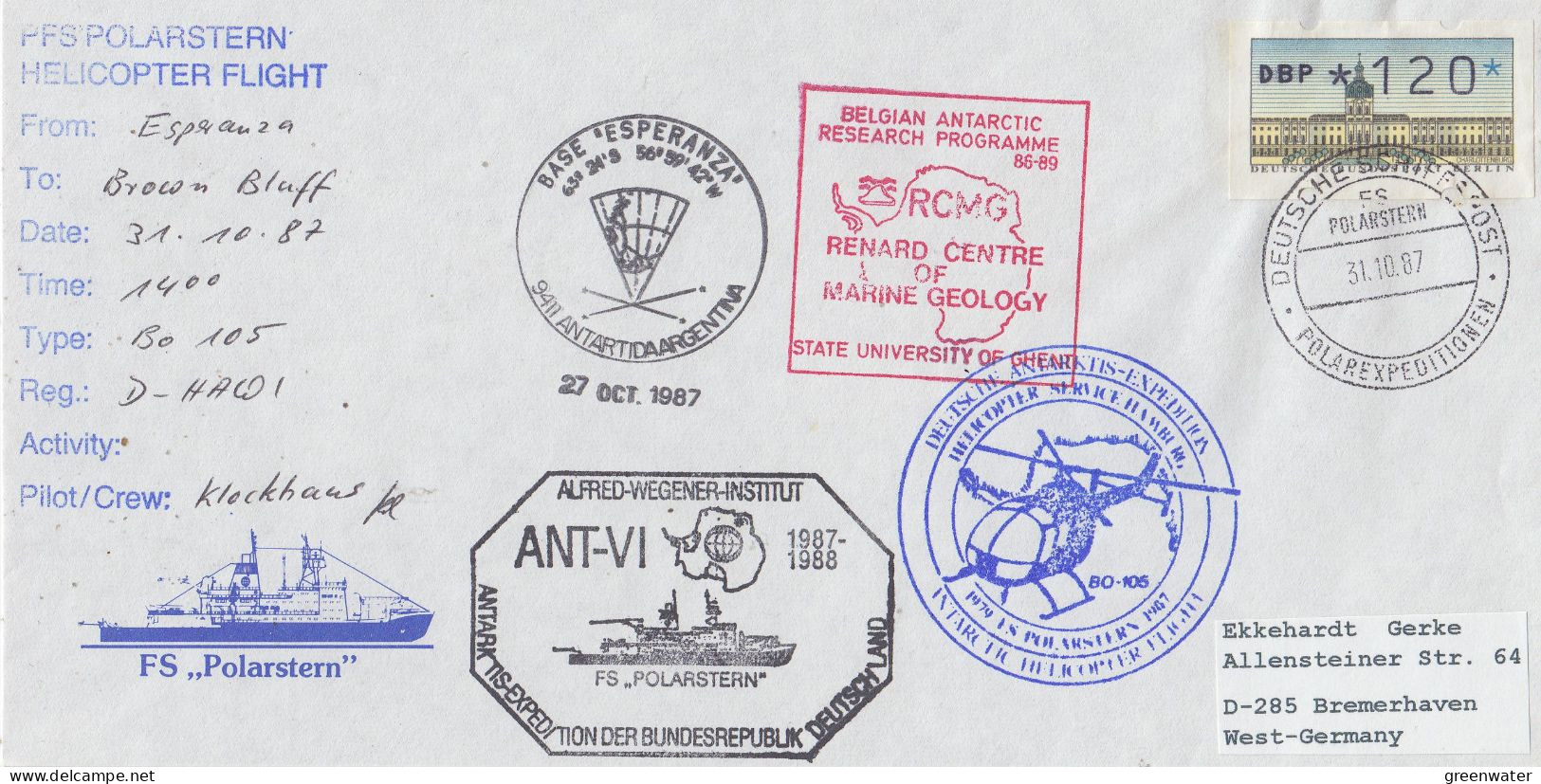 Germany FS Polarstern Heli Flight From Esperanza To Brown Bluff Ca "Belgian Ant. Programme" 31.10.1987 (ET191) - Vuelos Polares
