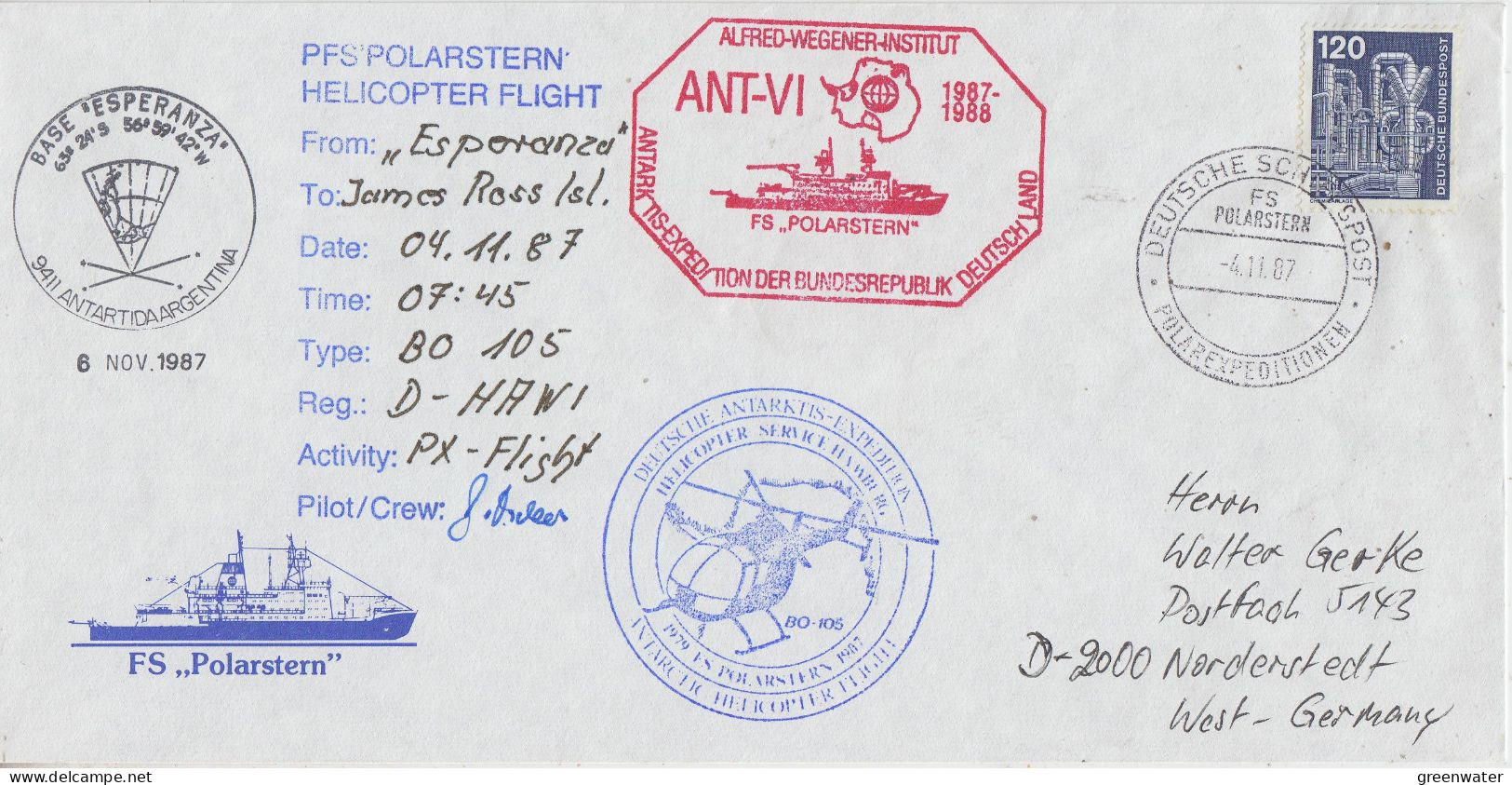 Germany FS Polarstern Heli Flight From Esperanza To James Ross Island 4.11.1987 (ET192) - Voli Polari