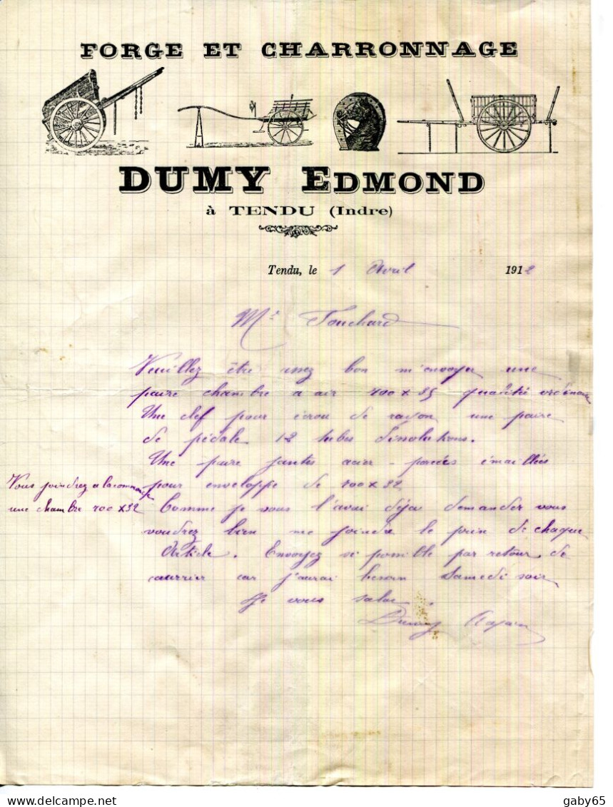 FACTURE.36.INDRE.TENDU.FORGE & CHARRONNAGE.DUMY EDMOND. - Old Professions