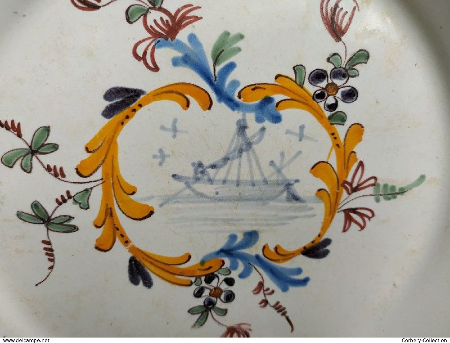 Assiette La Rochelle ou Nevers Décor au Bateau Marinier Faïence XVIIIème