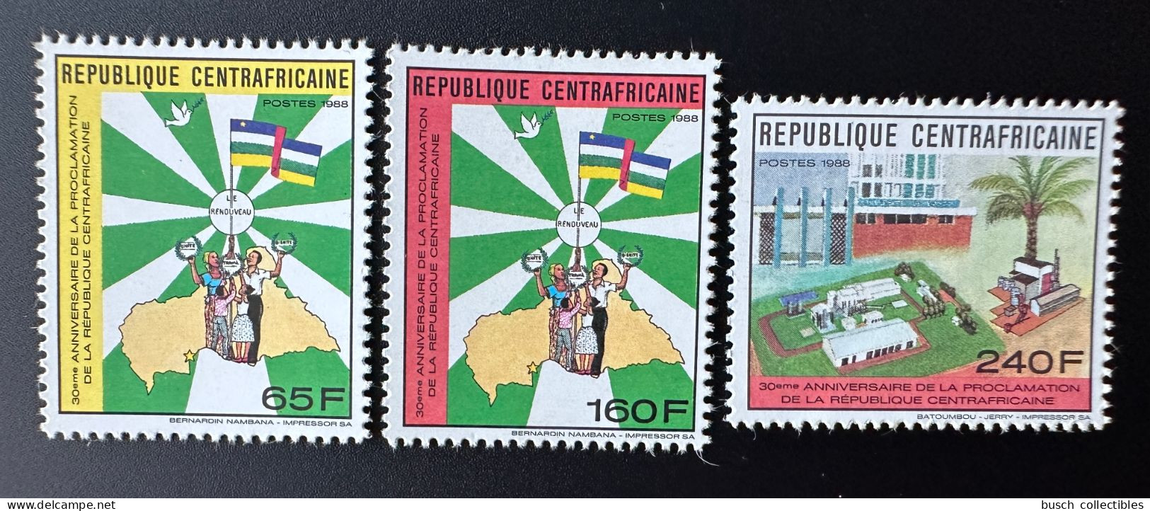 Centrafricaine Central Africa 1988 Mi. A-C 1354 30eme Anniversaire Proclamation République Dove Drapeau Flag Oiseau Bird - Duiven En Duifachtigen