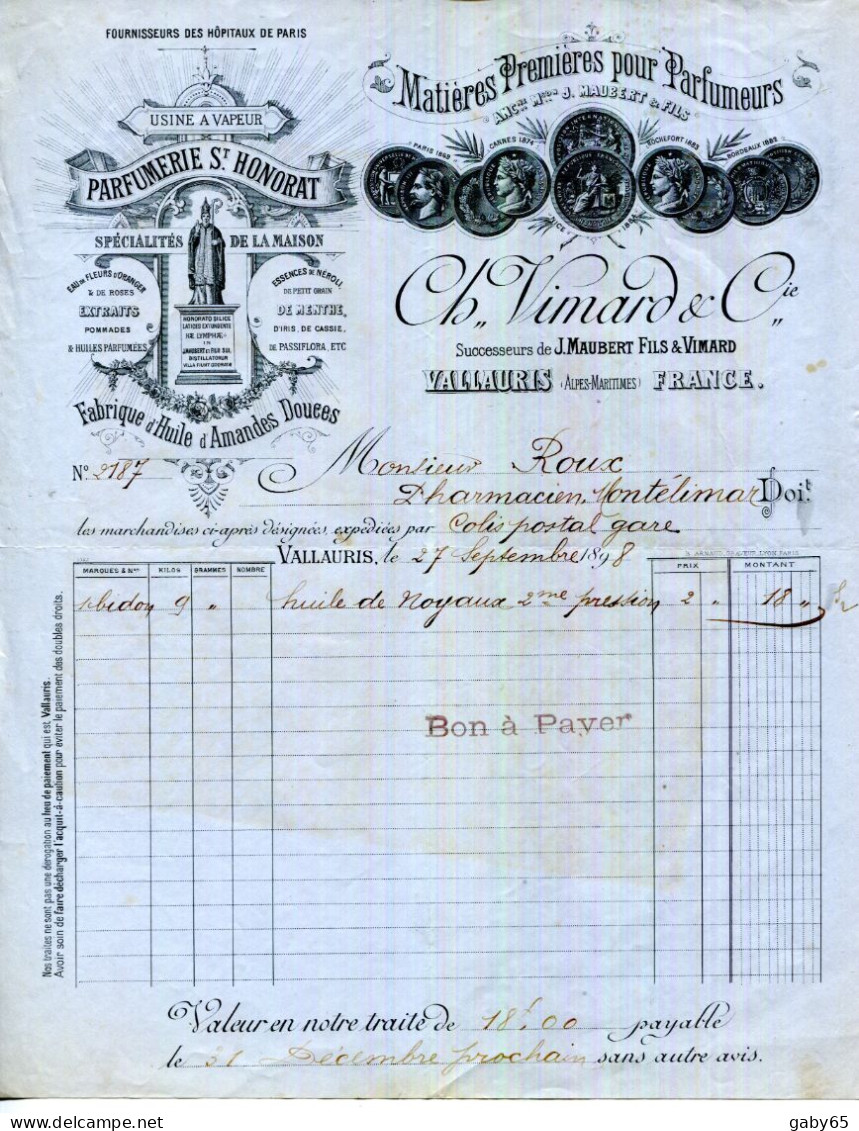 FACTURE.06.VALLAURIS.MATIERES PREMIERES POUR PARFUMEURS.CH.VIMARD & Cie.PARFUMERIE SAINT HONORAT.USINE A VAPEUR. - Drogerie & Parfümerie