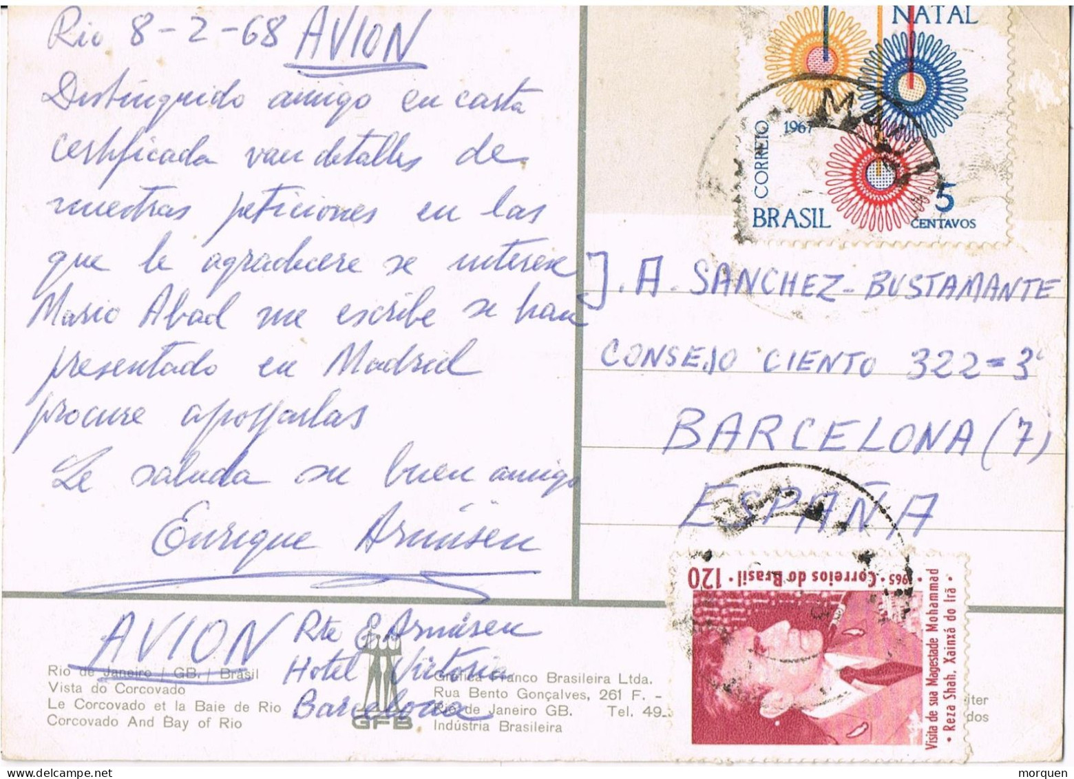 51597. Postal Aerea RIO De JANEIRO (Brasil) 1968. Vista Del CORCOVADO De Rio - Brieven En Documenten