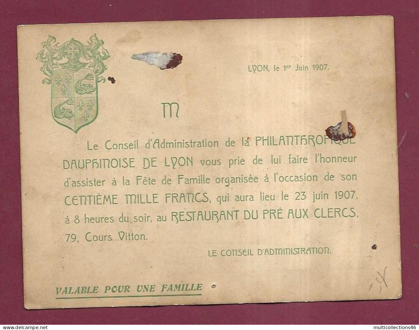 020923 - INVITATION Photo 1907 LYON Philanthropique Dauphinoise Lyon Restauration Monument Historique - Personnages Asie - Lyon 6