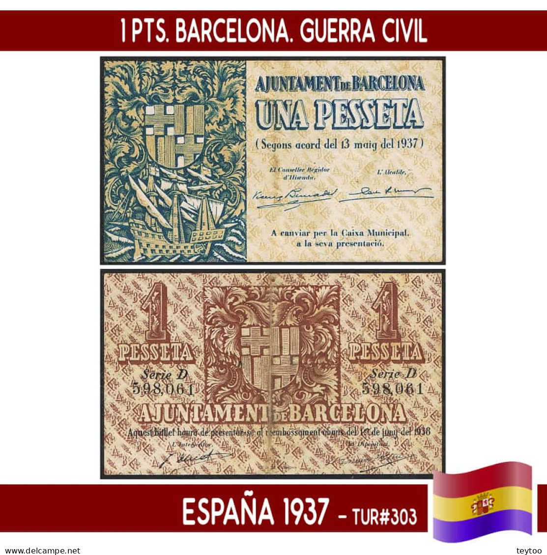 C0568.1# España 1937. 1 Pts. Barcelona. Serie D (F) TUR#303 - 1-2 Peseten