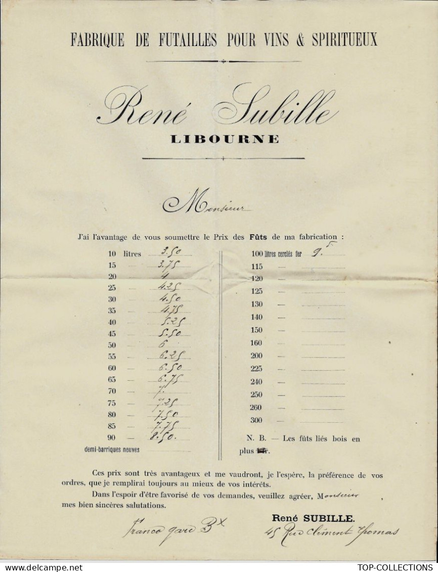 SANS DATE CIRCA 1890 Fabrique De Futailles  Futs Pour  Vins Et Spiritueux René Subille Libourne Gironde TARIFS VOIR SCAN - 1800 – 1899