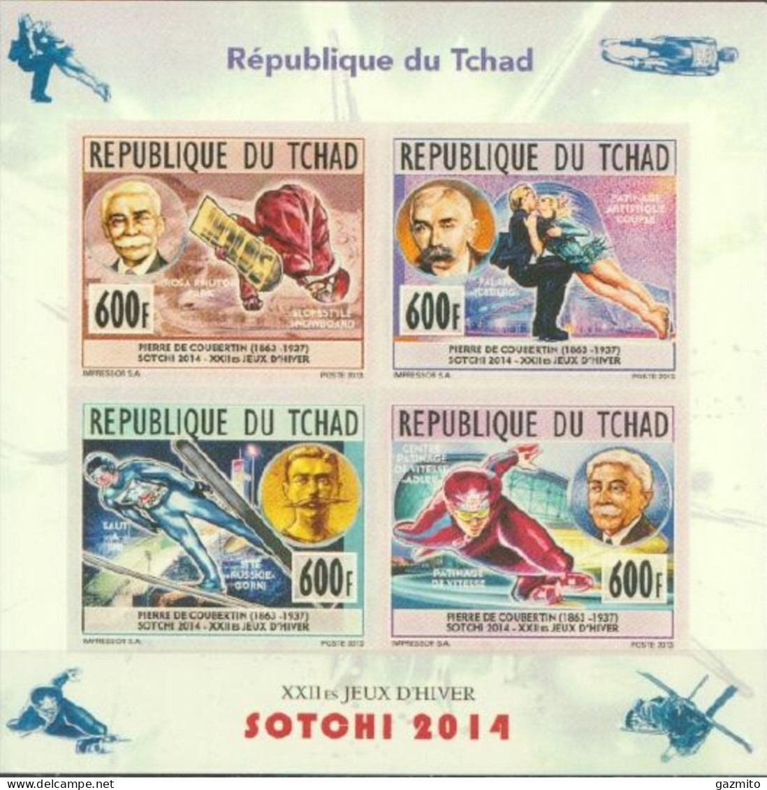 Tchad 2014, Olympic Games In Sochi, De Coubertin, Skiing, Skating, Satellite, 4val In Block IMPERFORATED - Jet Ski