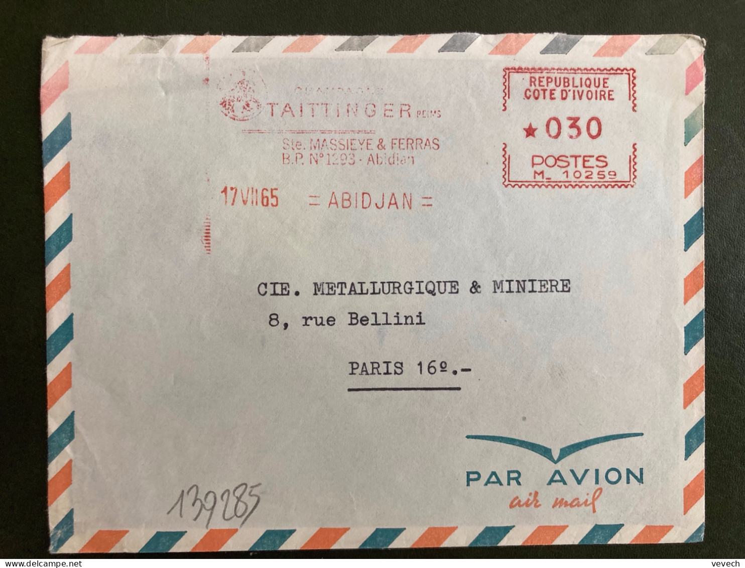 LETTRE EMA M 10259 à 030 Du 17 VII 65 ABIDJAN CHAMPAGNE TAITTINGER REIMS - Côte D'Ivoire (1960-...)