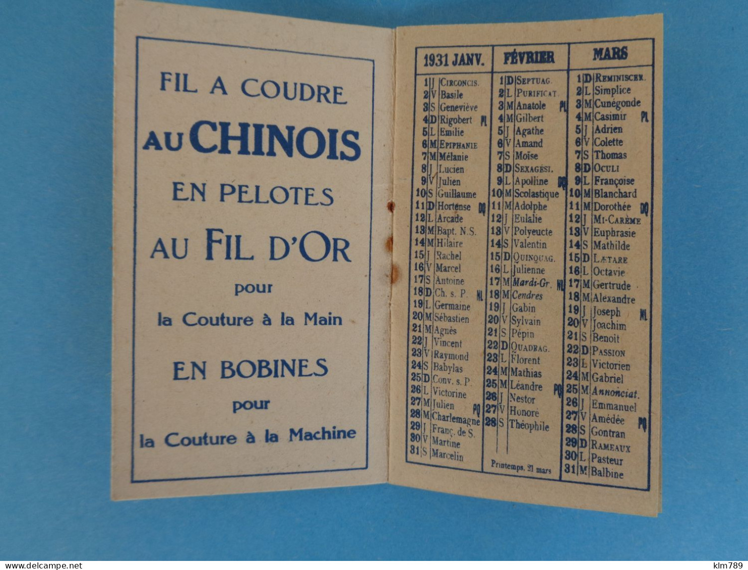 Mini  Calendrier Publicitaire " Fil Au Chinois " - Année  1931 - 3 Scanns - - Groot Formaat: 1901-20