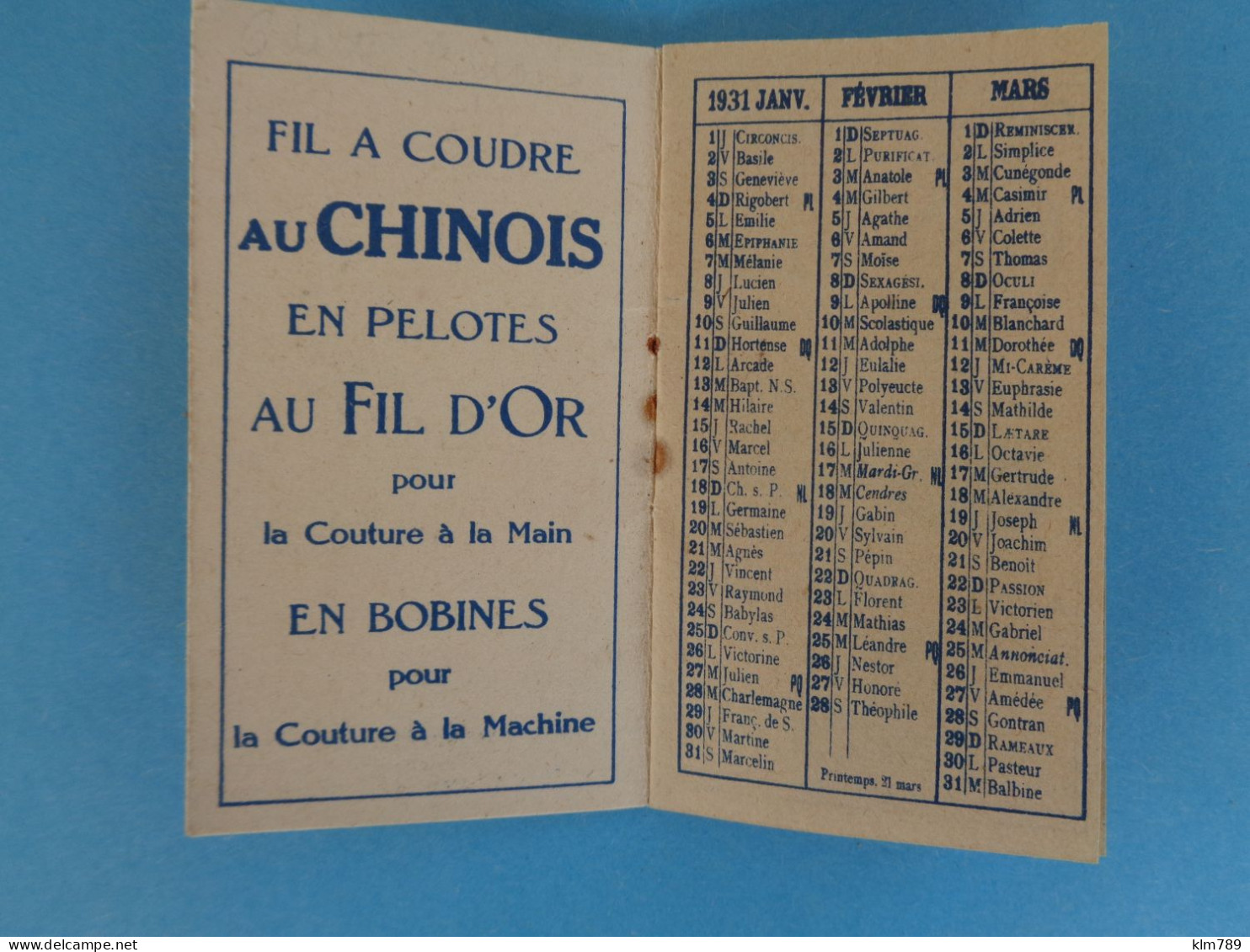 Mini  Calendrier Publicitaire " Fil Au Chinois " - Année  1931 - 3 Scanns - - Tamaño Grande : 1901-20