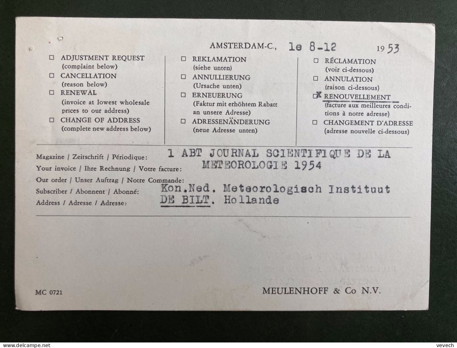 CP EMA H 839 à 05 Du 8 XII 53 AMSTERDAM + MEULENHOFF - Franking Machines (EMA)