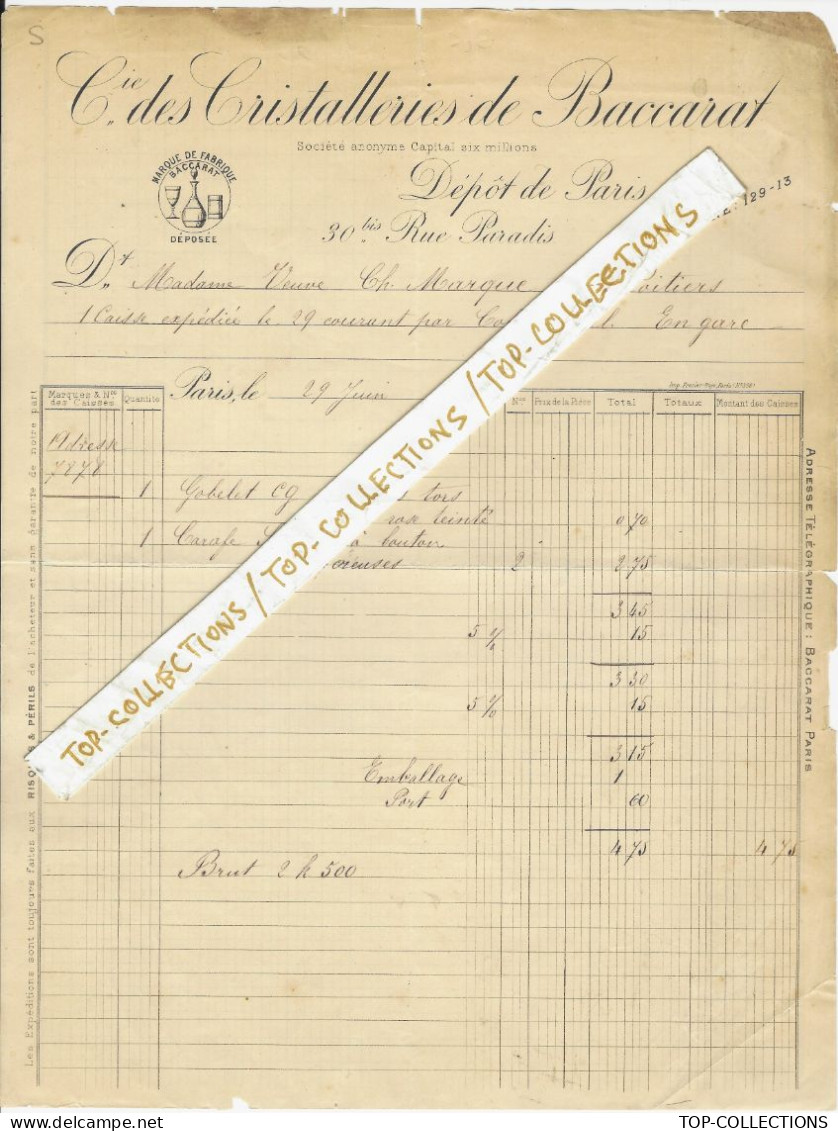 1899 ENTETE CIE DES CRISTALLERIES DE BACCARAT Meurthe Et Moselle  Dépot De Paris =>Veuve Marque Poitiers  V.HISTORIQUE - 1800 – 1899