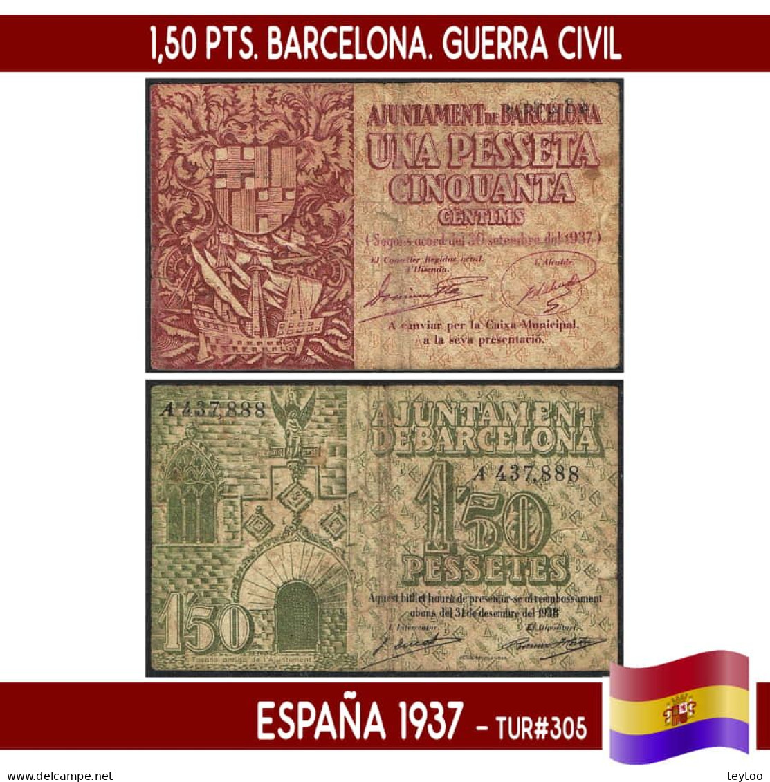 C0570.1# España 1937. 1,50 Pts. Barcelona. Serie A (F) TUR#305 - 1-2 Peseten