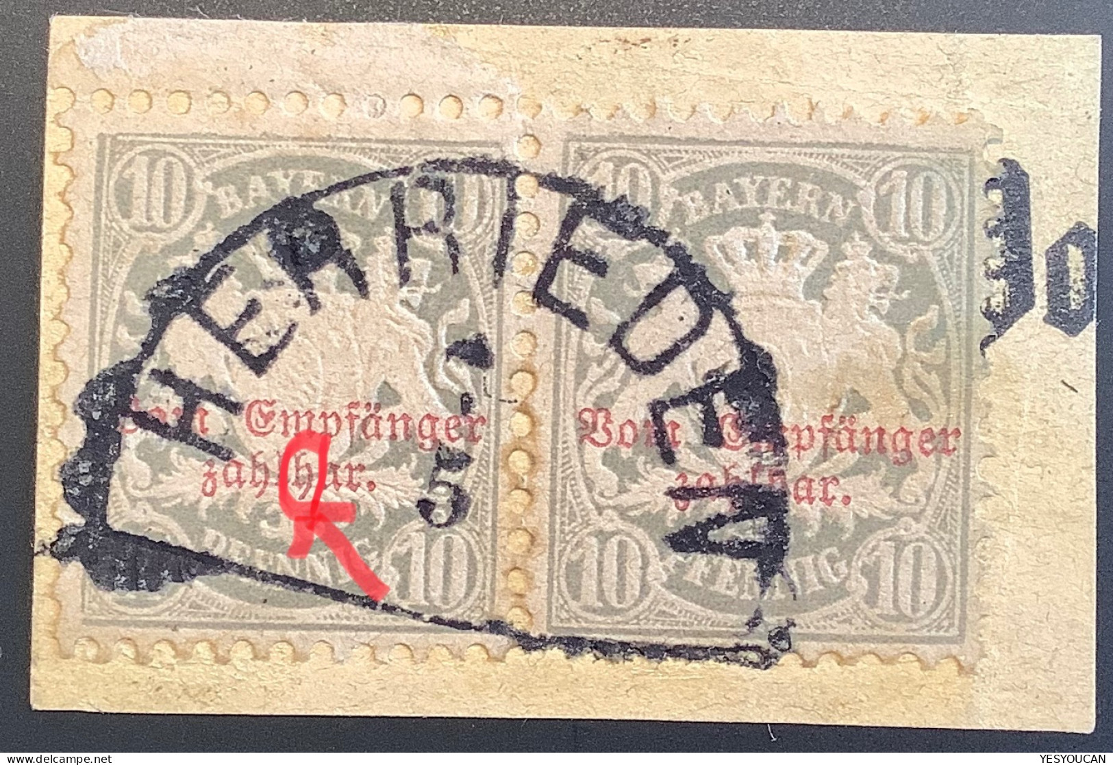 Portomarke Mi 9 I Gepr Bauer BPP, FEHLDRUCK „ZAHLHAR“  LUXUS. Bayern 1882 10 Pf Paar HERRIEDEN (Postage Due - Gebraucht