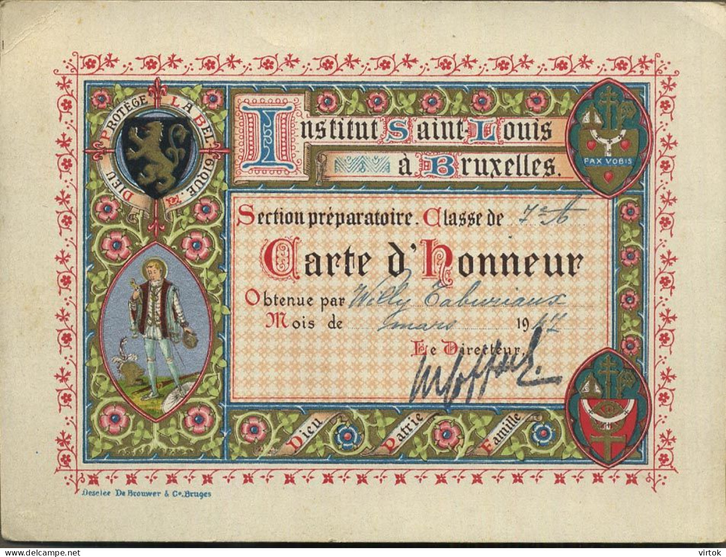 Bruxelles - Brussel : Carte D'honneur - Erekaart 1947 : Institut Saint-Louis - Floreffe