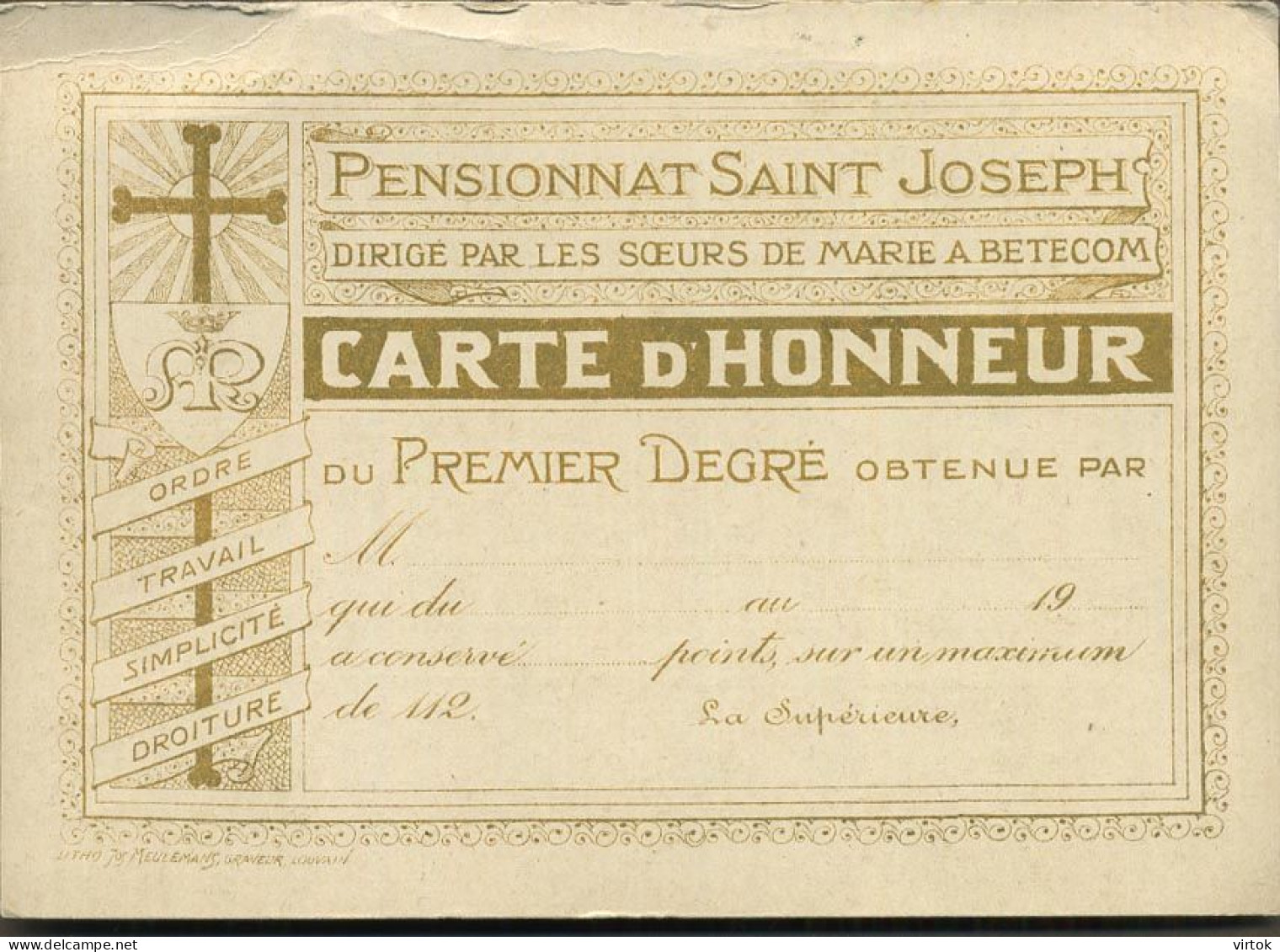 Betekom    : Carte D'honneur - Erekaart   1957 :   Pensionnat Saint-Joseph - Begijnendijk