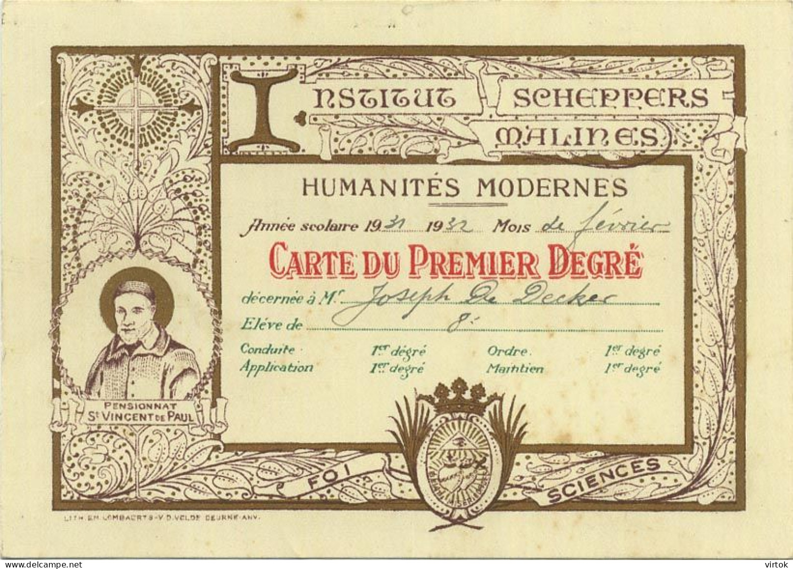 Mechelen - Malines     : Carte D'honneur - Erekaart  1932   :  Institut Scheppers - Malines