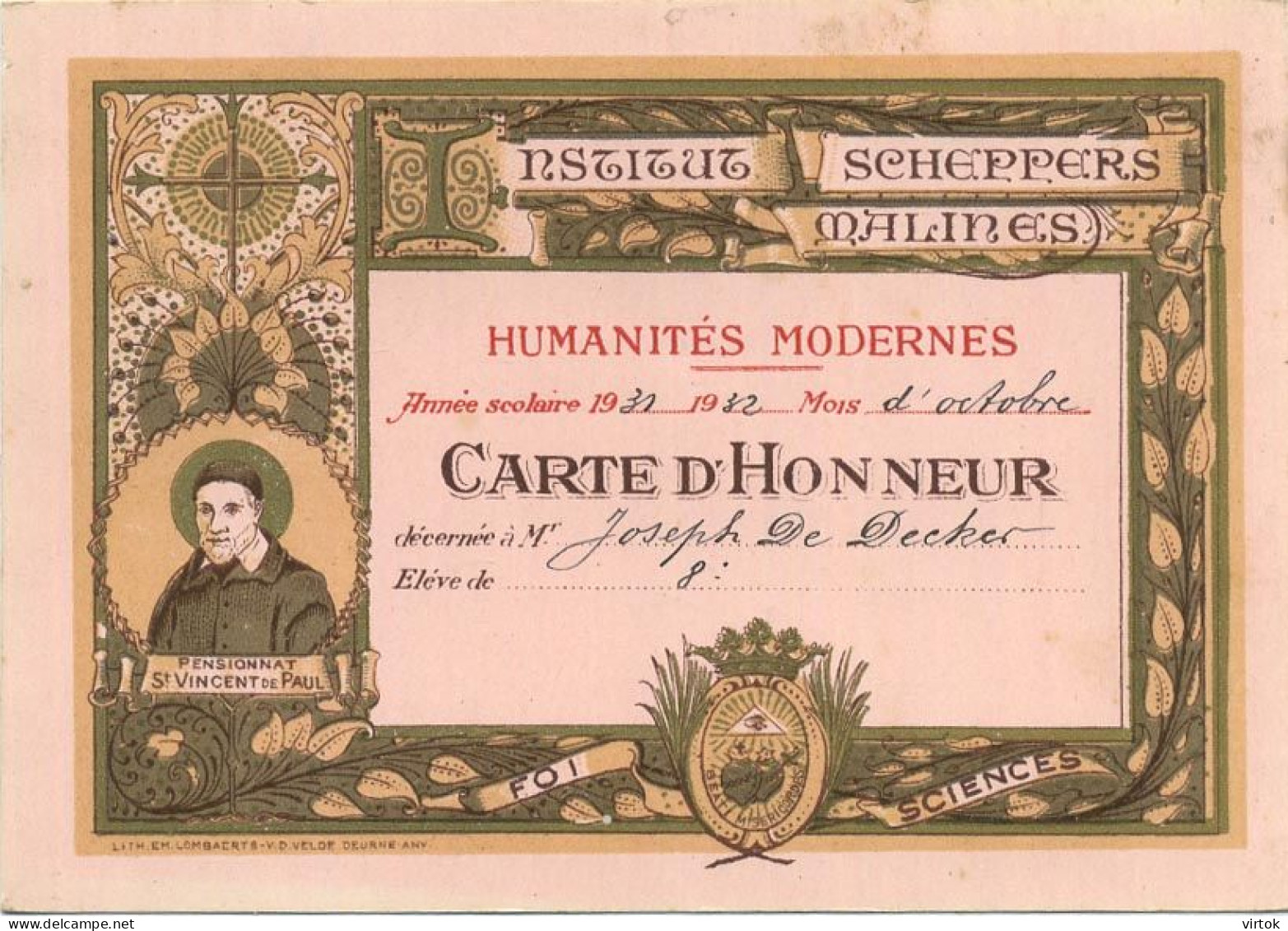 Mechelen - Malines     : Carte D'honneur - Erekaart  1932   :  Institut Scheppers - Malines