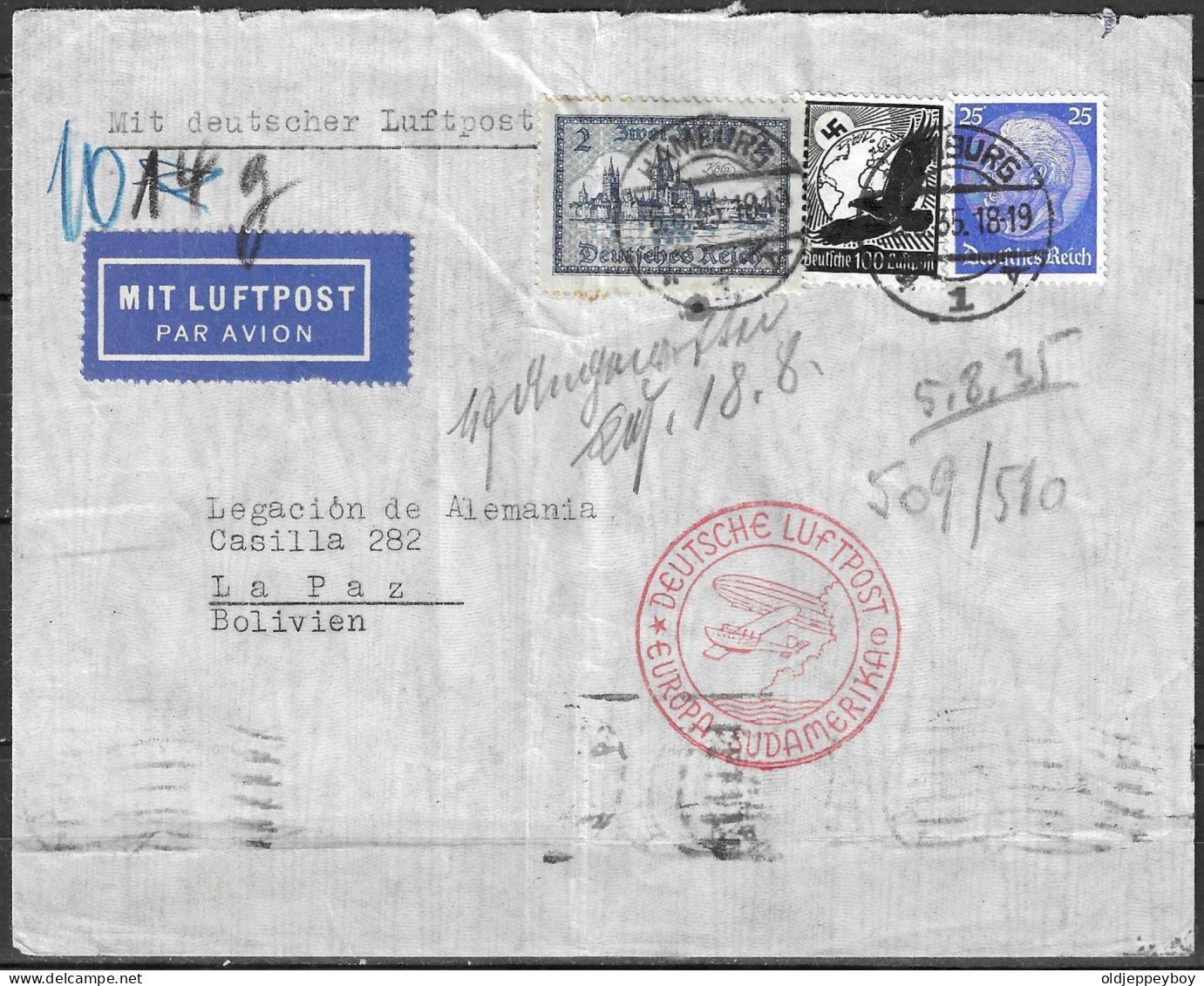 Germany 1935 Airmail Letter By LZ 127 Graf Zeppelin (Europe-South America) From Hamburg To LA PAZ BOLIVIEN BOLIVIA - Zeppeline