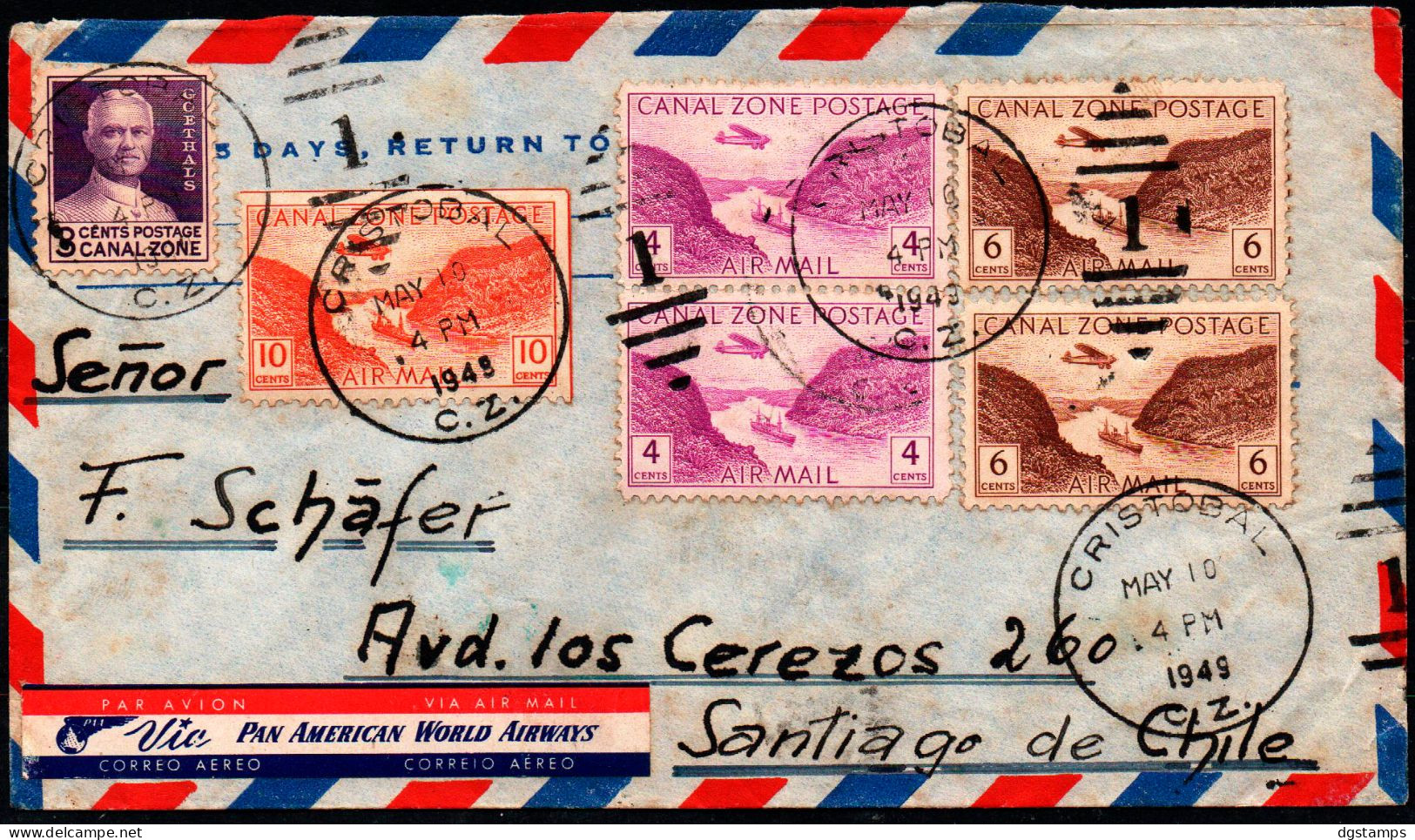 Canal Zone 1949 Cover Sent From Cristobal To Santiago Of Chile Via Pan American World Airways. - Kanalzone