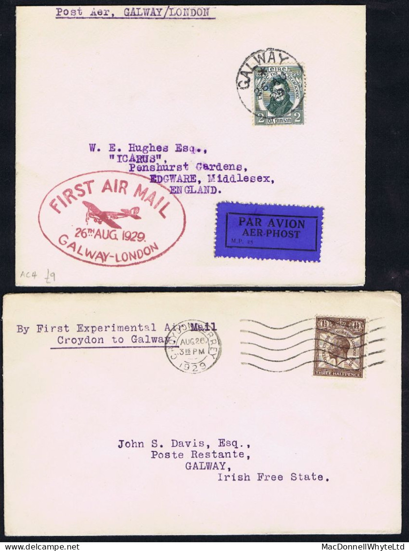 Ireland Airmail 1929 Experimental Galway To London Covers Flown Both Ways FIRST AIR MAIL 26TH AUG 1929 - Poste Aérienne