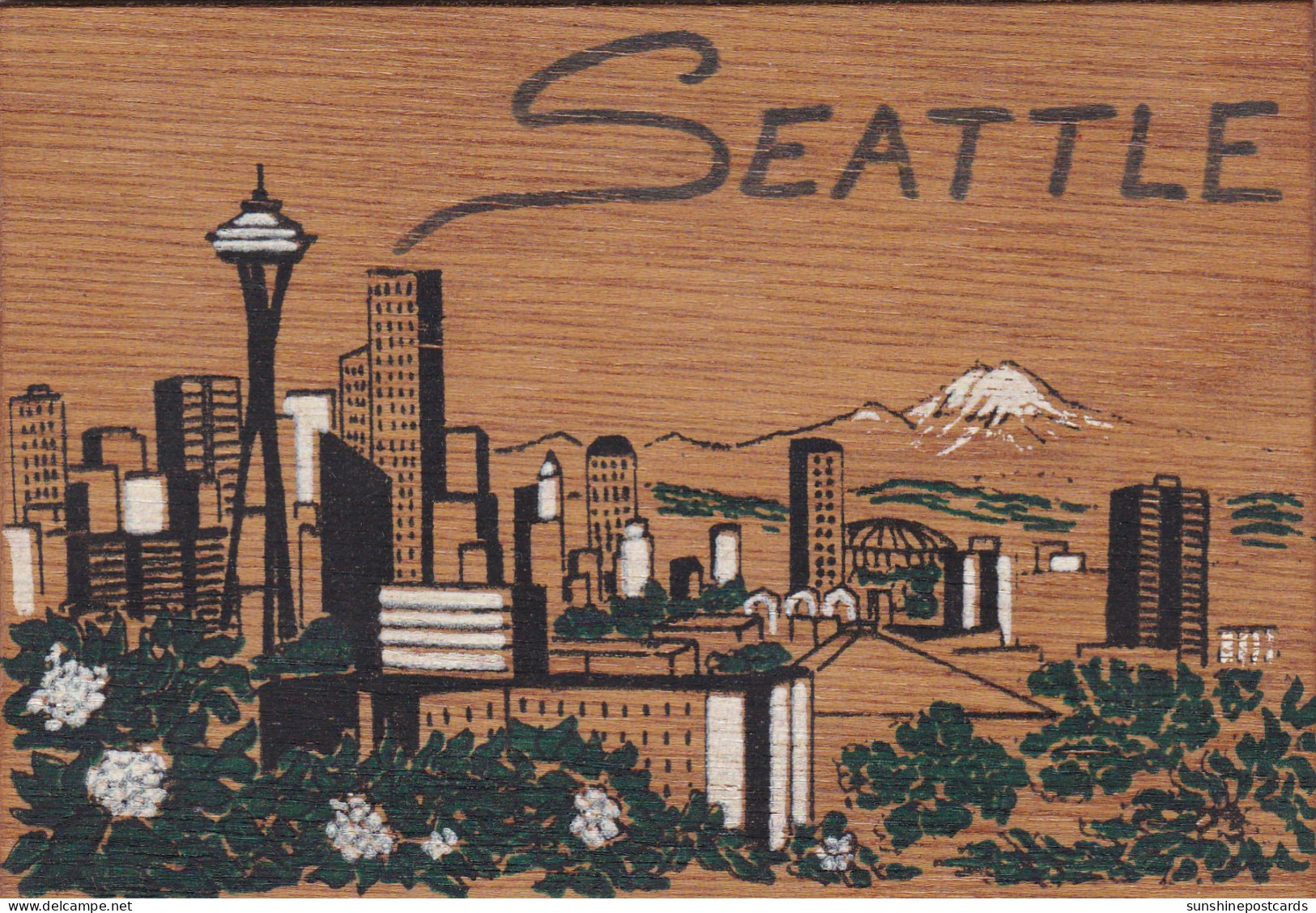 Washington Seattle Skyline Hand Made Wooden Card - Seattle