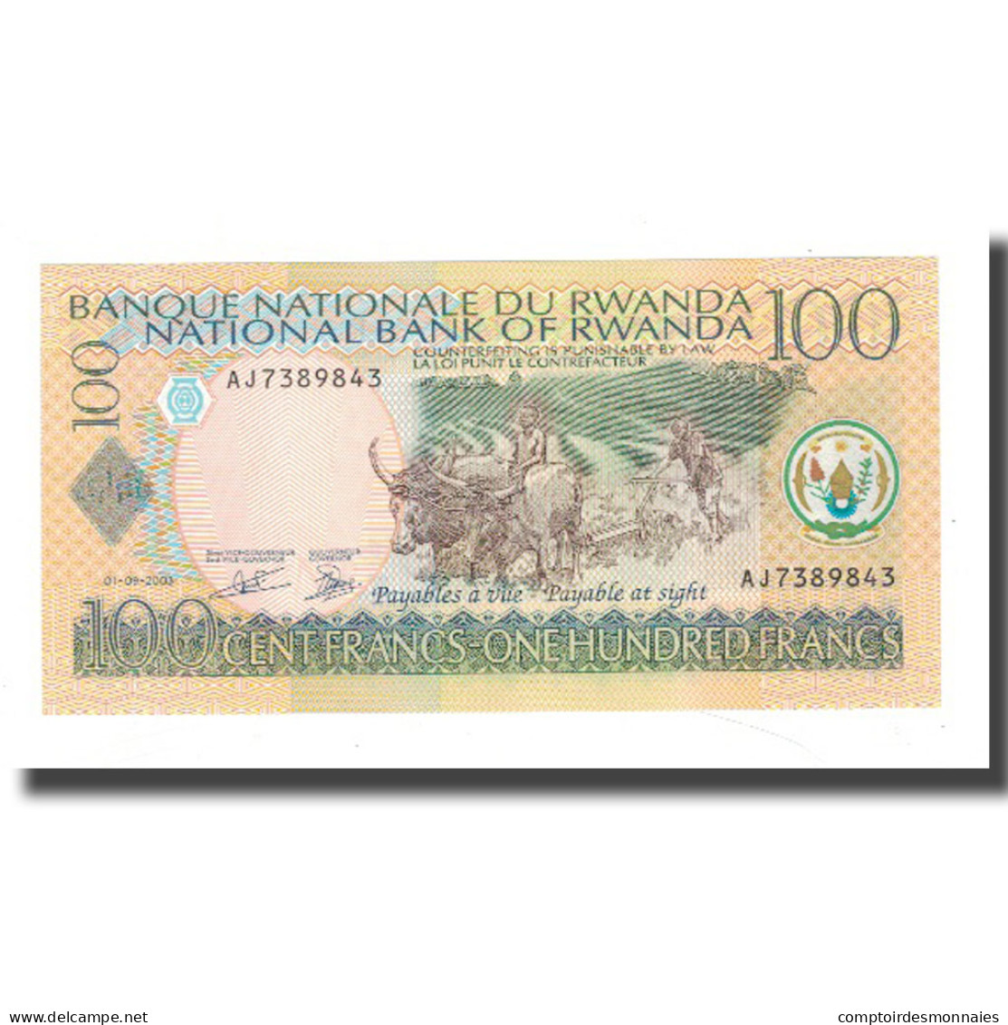 Billet, Rwanda, 100 Francs, 2003, 2003-09-01, KM:29b, NEUF - Rwanda