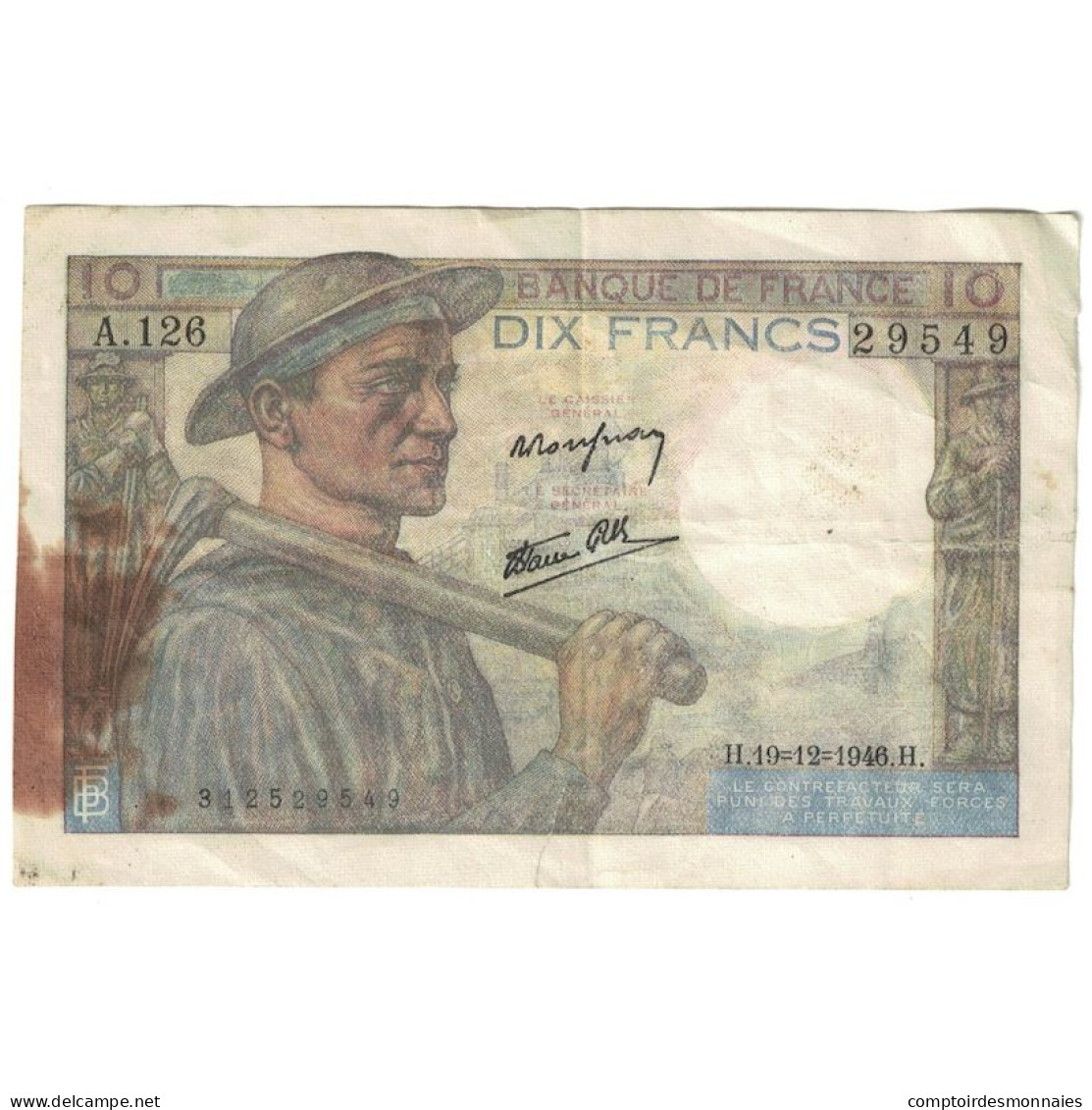 France, 10 Francs, Mineur, 1946, A.126, TTB, Fayette:8.16, KM:99e - 10 F 1941-1949 ''Mineur''