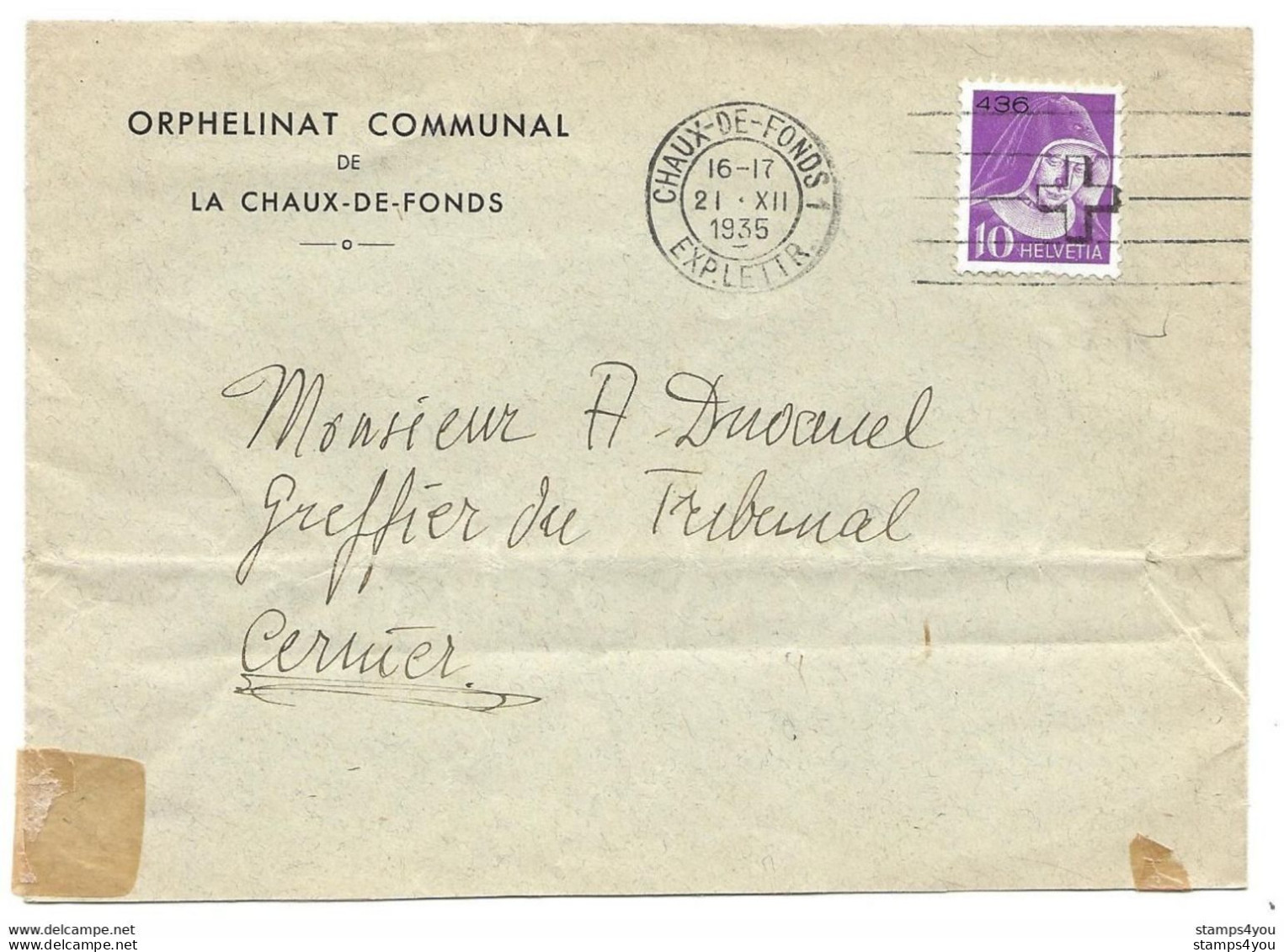 44 - 3 - Enveloppe "Orphelinat Communal Chaux-de-Fonds 1935 - Timbre Franchise - Franchigia