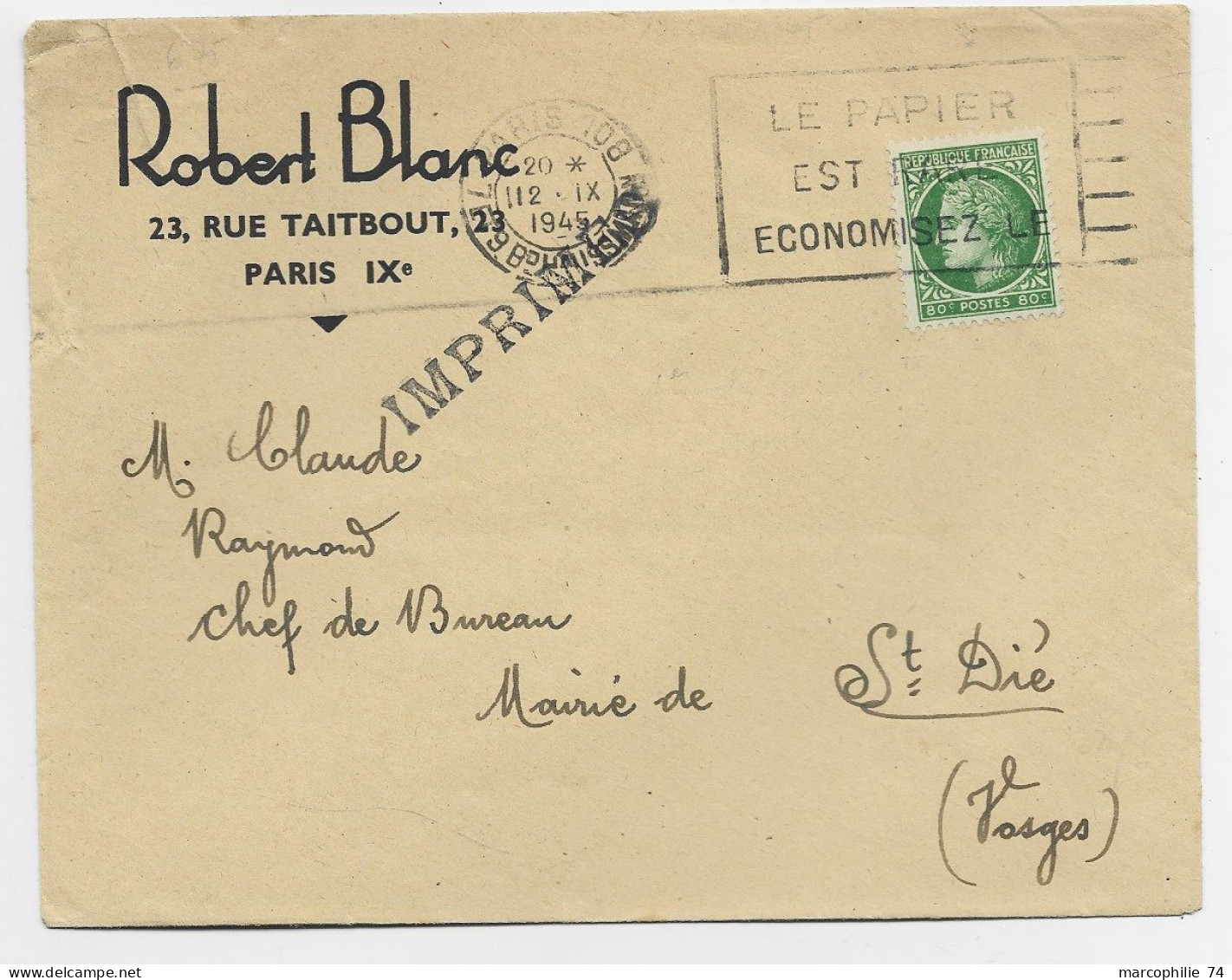 FRANCE MAZELIN  80C SEUL LETTRE MEC PARIS 12.IX.1945 AU TARIF IMPRIME - 1945-47 Ceres (Mazelin)