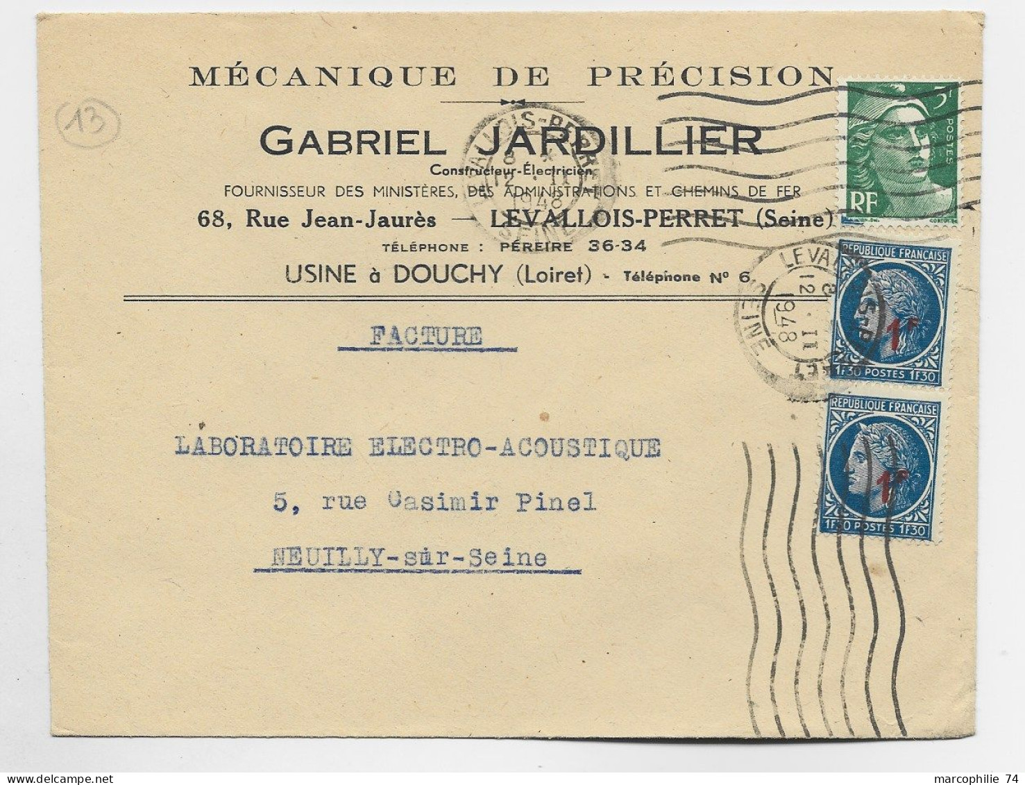 FRANCE MAZELIN  1FR30 SURCHARGE 1FR PAIRE +3FR GANDON VERT LETTRE MEC LEVALLOIS 12.II.1948 AU TARIF FACTURE - 1945-47 Ceres (Mazelin)