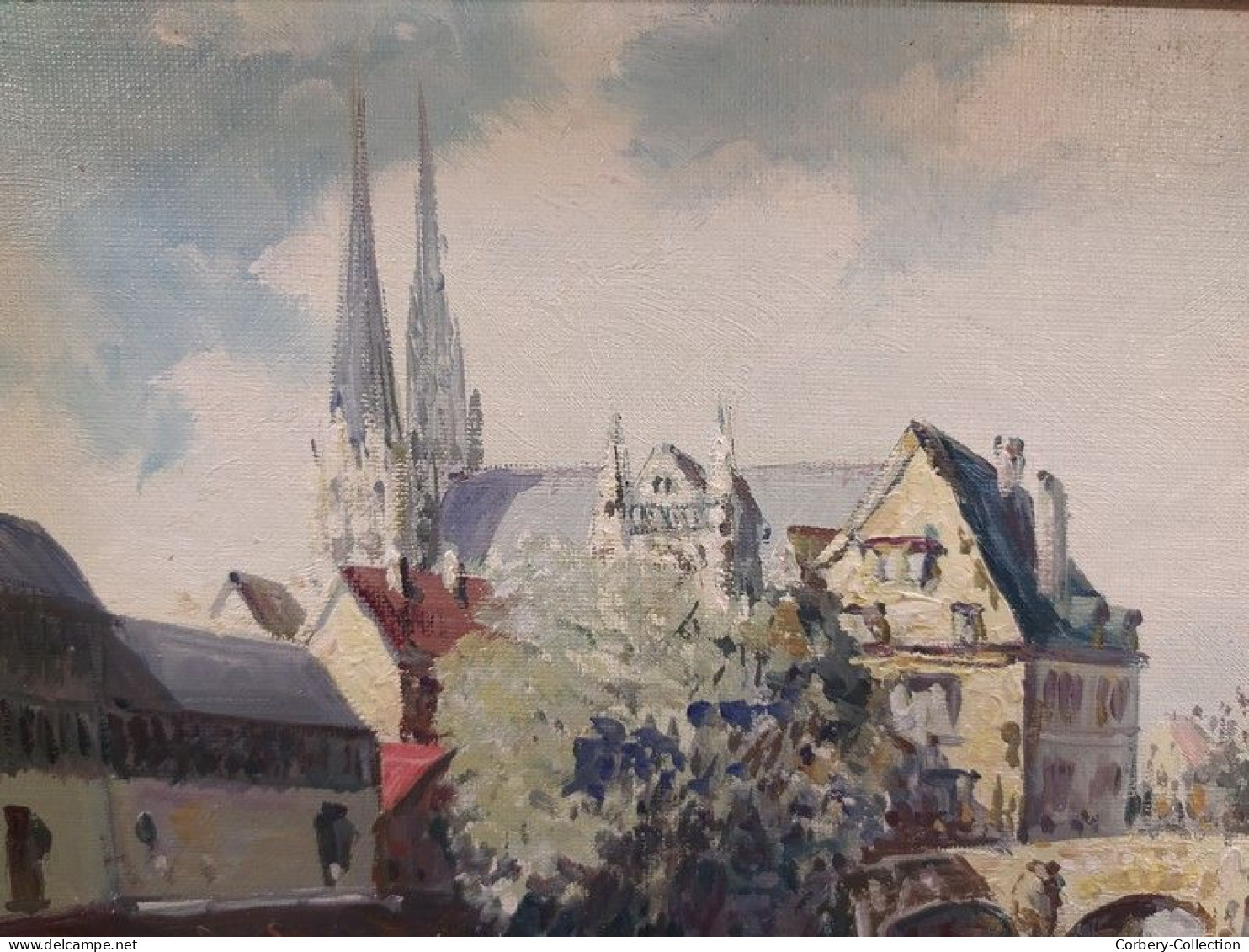 GENA PECHAUBES Tableau Paysage HST Chartres Vue Du Pont Saint-Hilaire. - Huiles