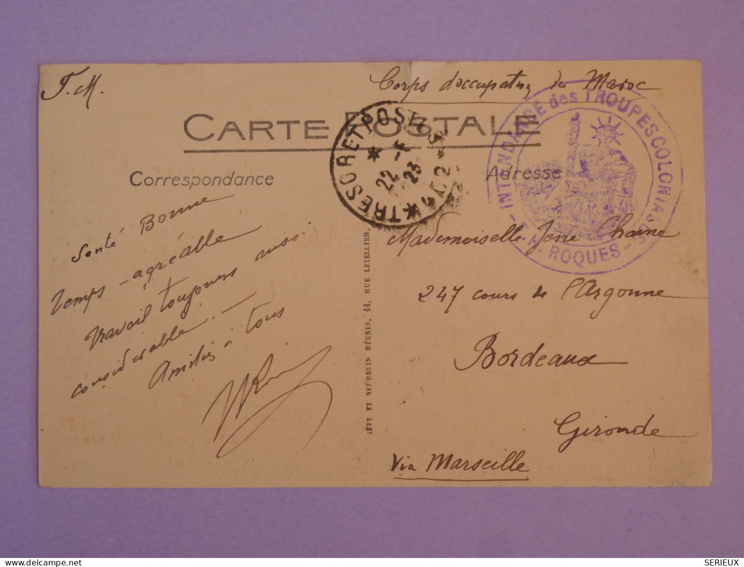 DA6  MAROC   BELLE  CARTE FM CORPS OCCUPATION   1923  OUDIDA A BORDEAUX ++AFF. INTERESSANT ++ - Lettres & Documents