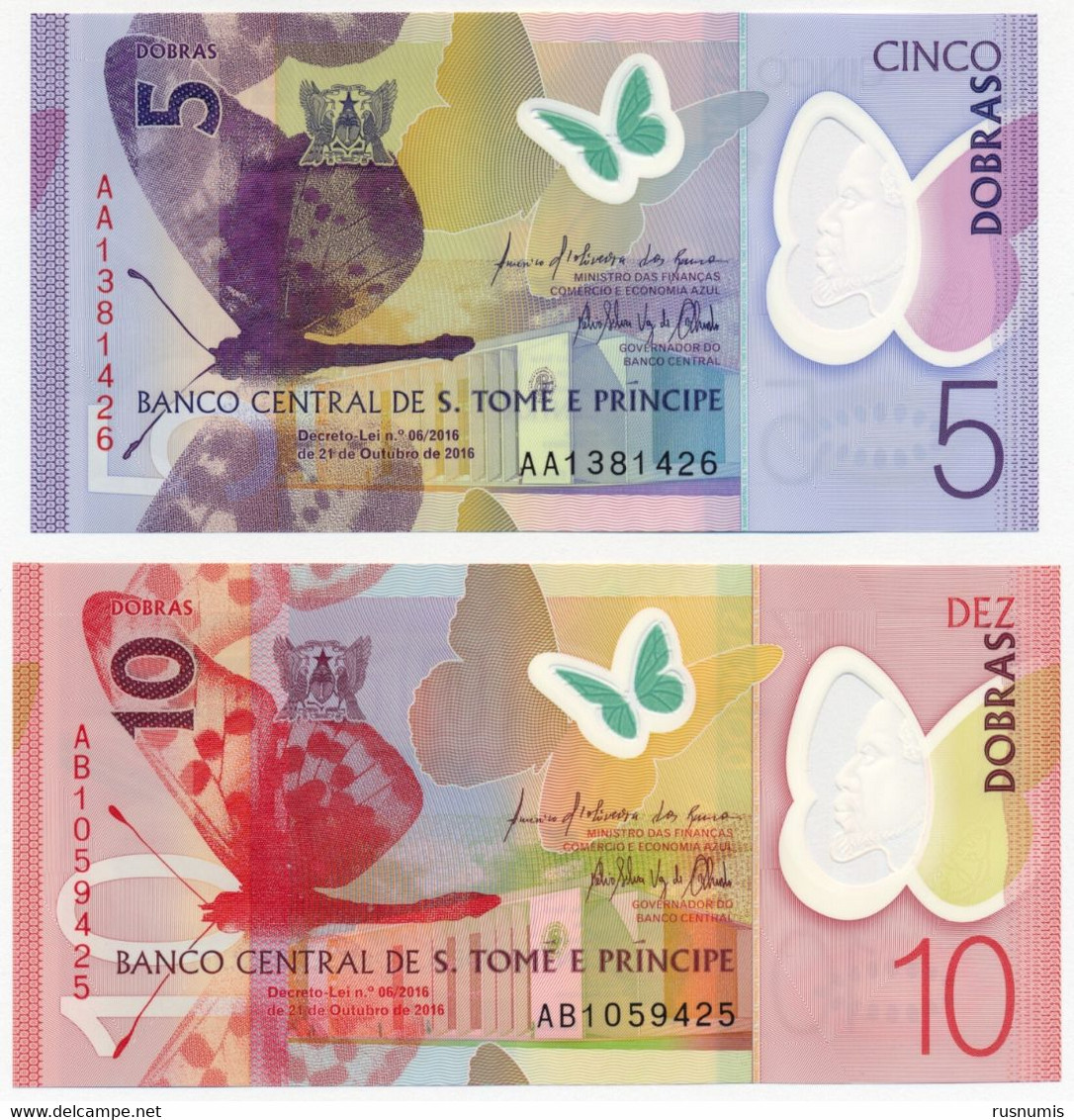 SAN TOME - SAO TOME AND PRINCIPE - ST. THOMAS 5 + 10 DOBRAS SET PICK 70-71 POLYMER BUTTERFLY BIRD SHREW 2016 UNC - San Tomé Y Príncipe