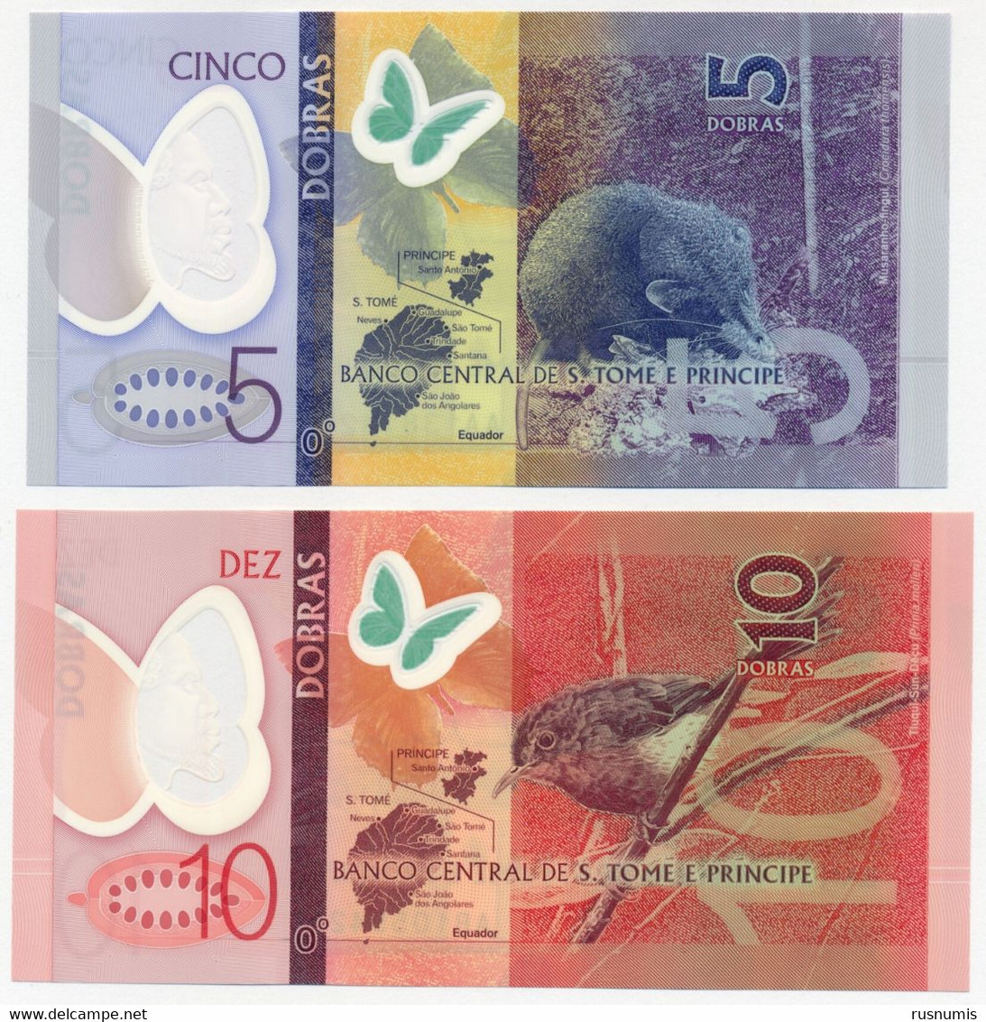 SAN TOME - SAO TOME AND PRINCIPE - ST. THOMAS 5 + 10 DOBRAS SET PICK 70-71 POLYMER BUTTERFLY BIRD SHREW 2016 UNC - Sao Tome En Principe