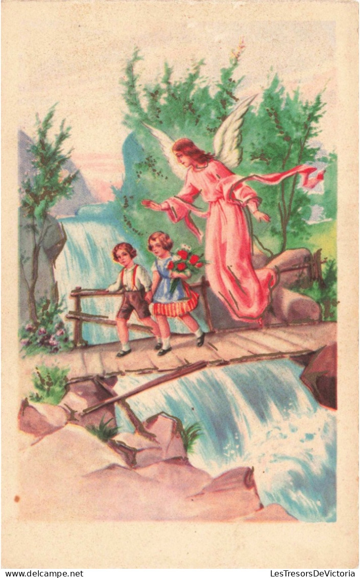 ENFANTS - Dessins D'enfants - Deux Enfants Sur Un Pont Suivis Par Un Ange - Carte Postale Ancienne - Kinder-Zeichnungen